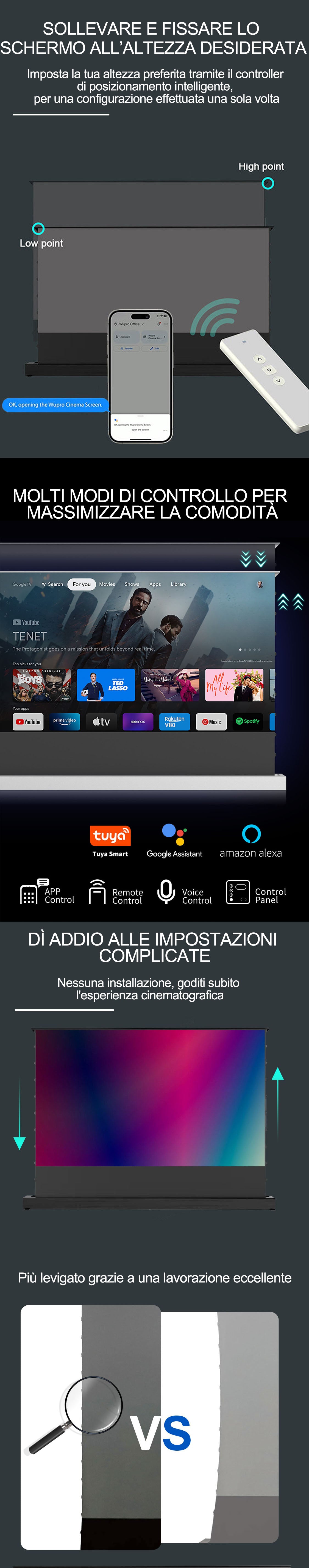 WUPRO Cinema LeApex CBSP Schermo a pavimento UST, nessuna installazione necessaria, facile da configurare, supporto multilingue, controllabile tramite telecomando, app, Google Assistant, Alexa, Tuya e altro ancora.