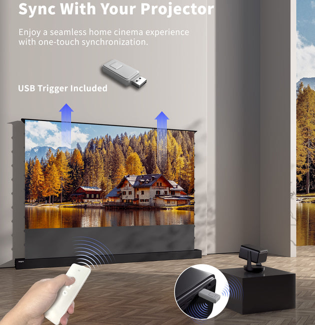 WUPRO Cinema LeApex Smart Floor Rising Screen with USB Trigger for One-Touch Start and Projector Sync