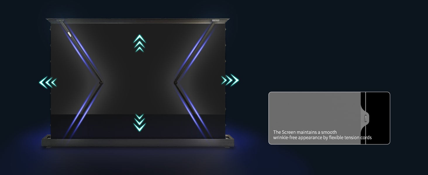 WUPRO Cinema LeApex floor rising screen with stable rear support and wrinkle-free surface via tension cords