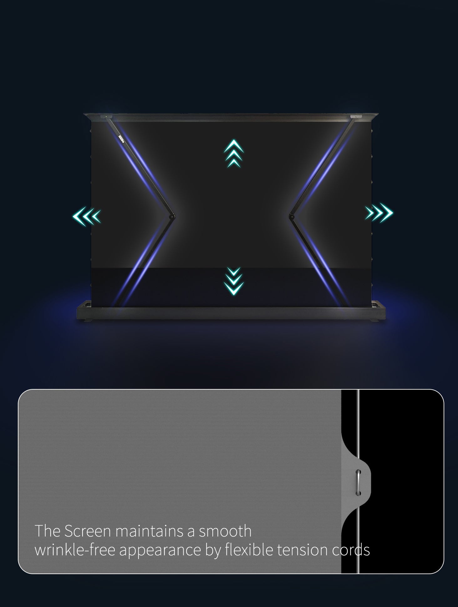 WUPRO Cinema LeApex floor rising screen with stable rear support and wrinkle-free surface via tension cords