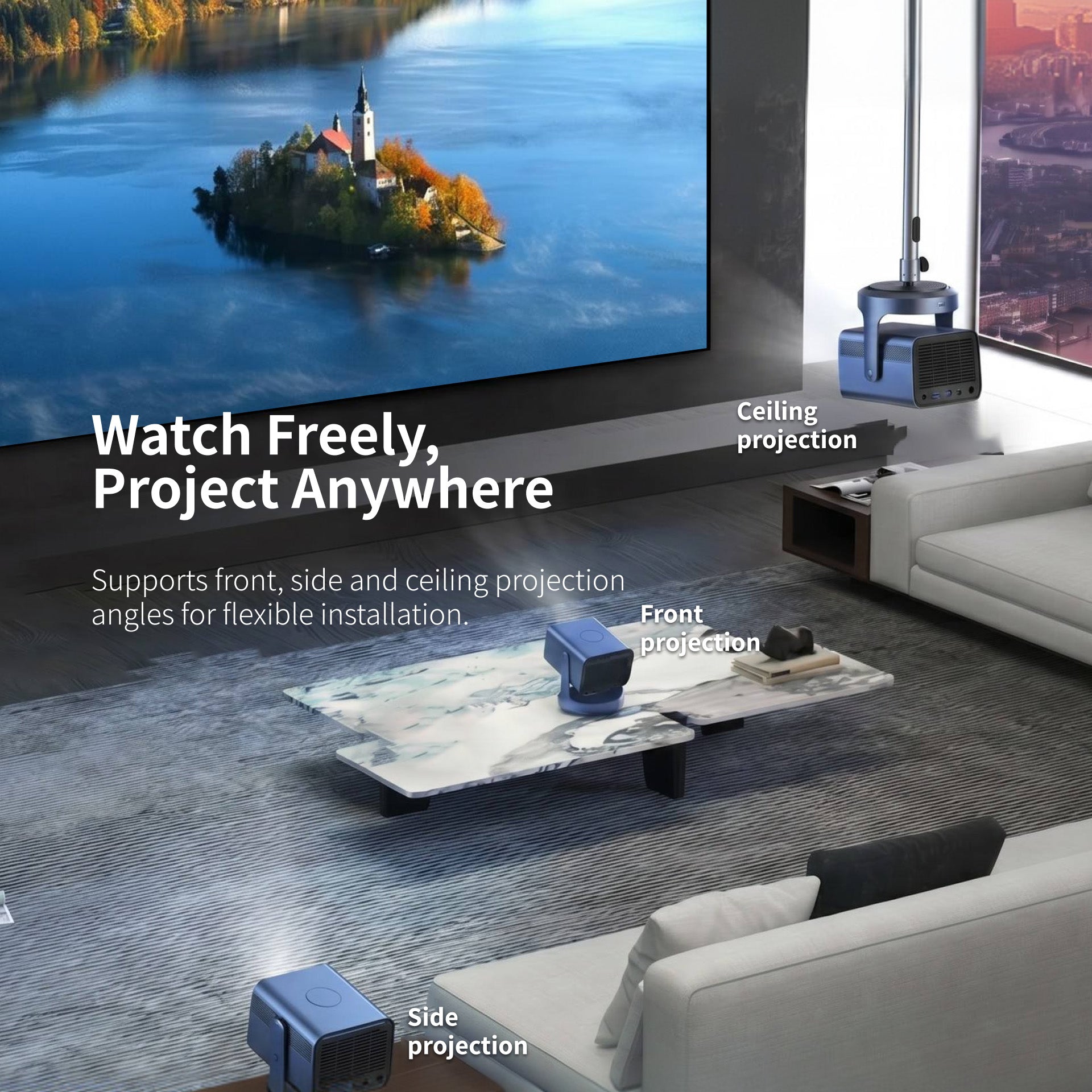 WUPRO Cinema Long Throw (LT) Lenticular CLR Projection Screen for Long Throw Projectors, supporting front, side and ceiling-mounted projection for flexible installation.