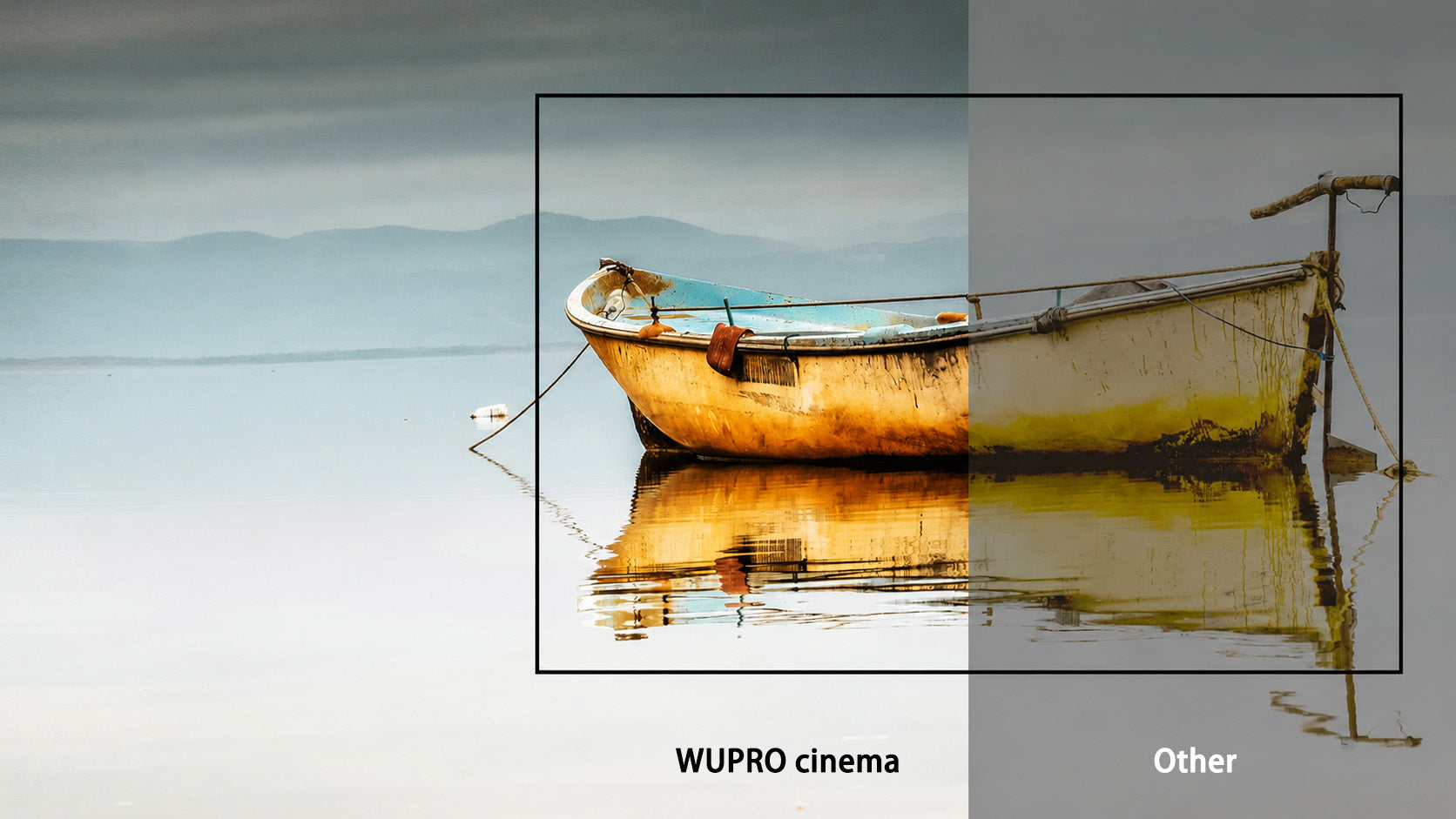 WUPRO Cinema Ultra Contrast Lenticular CLR screen for long-throw projectors compared with a conventional projection screen, showing deeper blacks and higher contrast