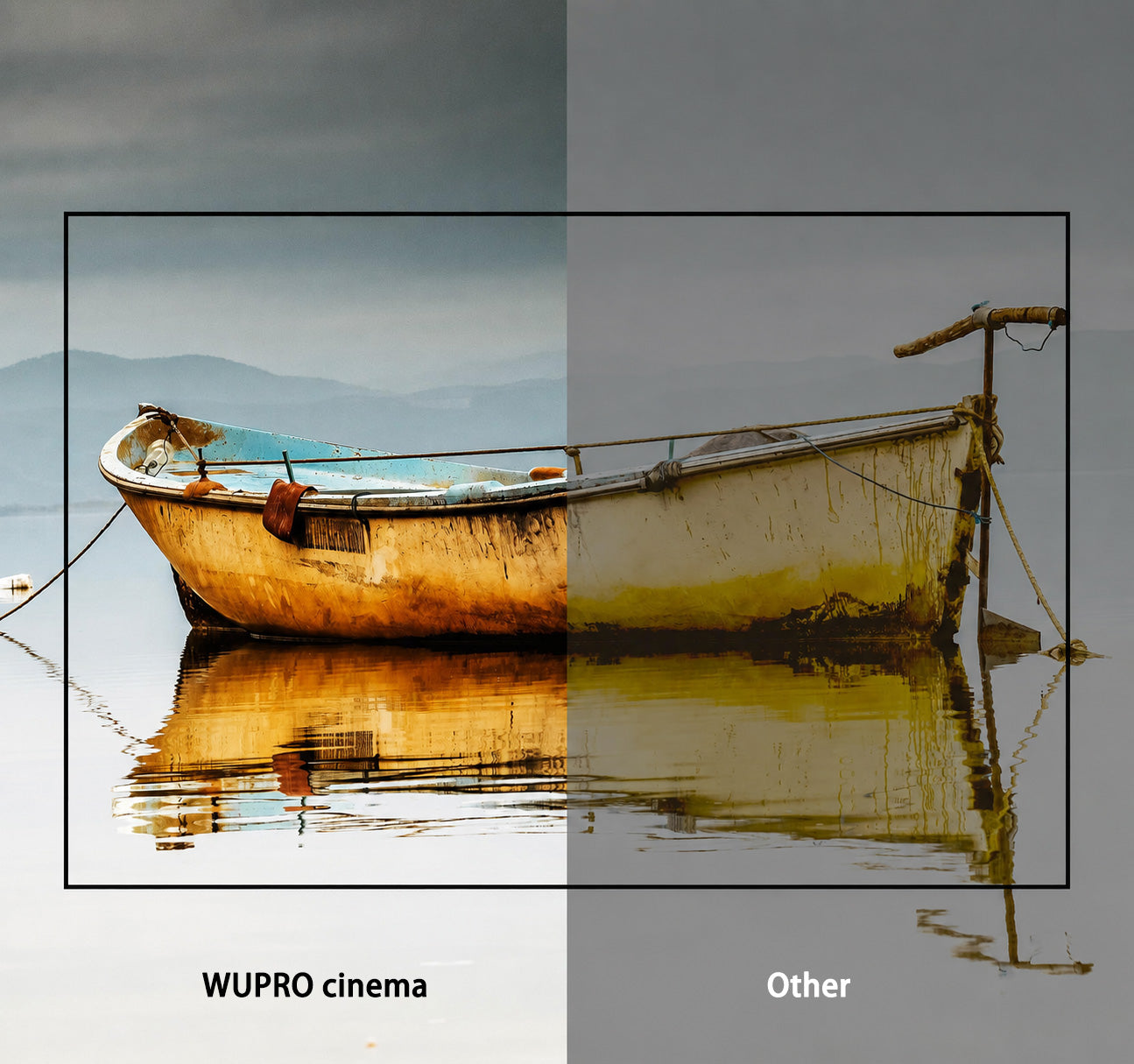 WUPRO Cinema Ultra Contrast Lenticular CLR screen for long-throw projectors compared with a conventional projection screen, showing deeper blacks and higher contrast