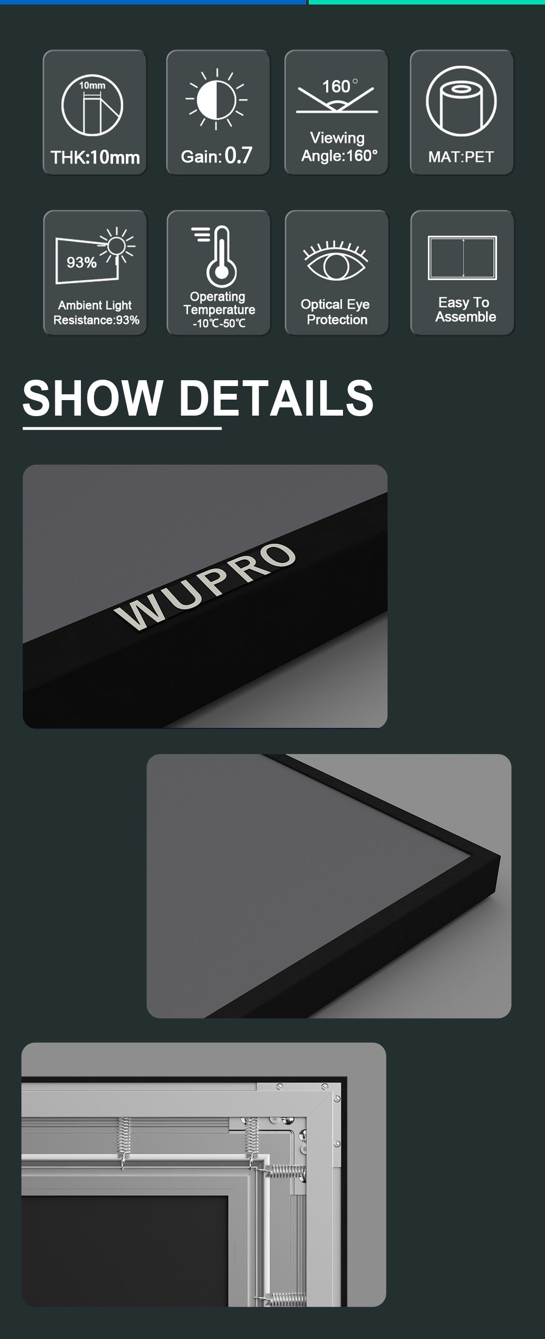 WUPRO BSP Enhance Gain Fixed Frame Projection Screen – 0.7 Gain, 93% Ceiling (Ambient) Light Rejection 