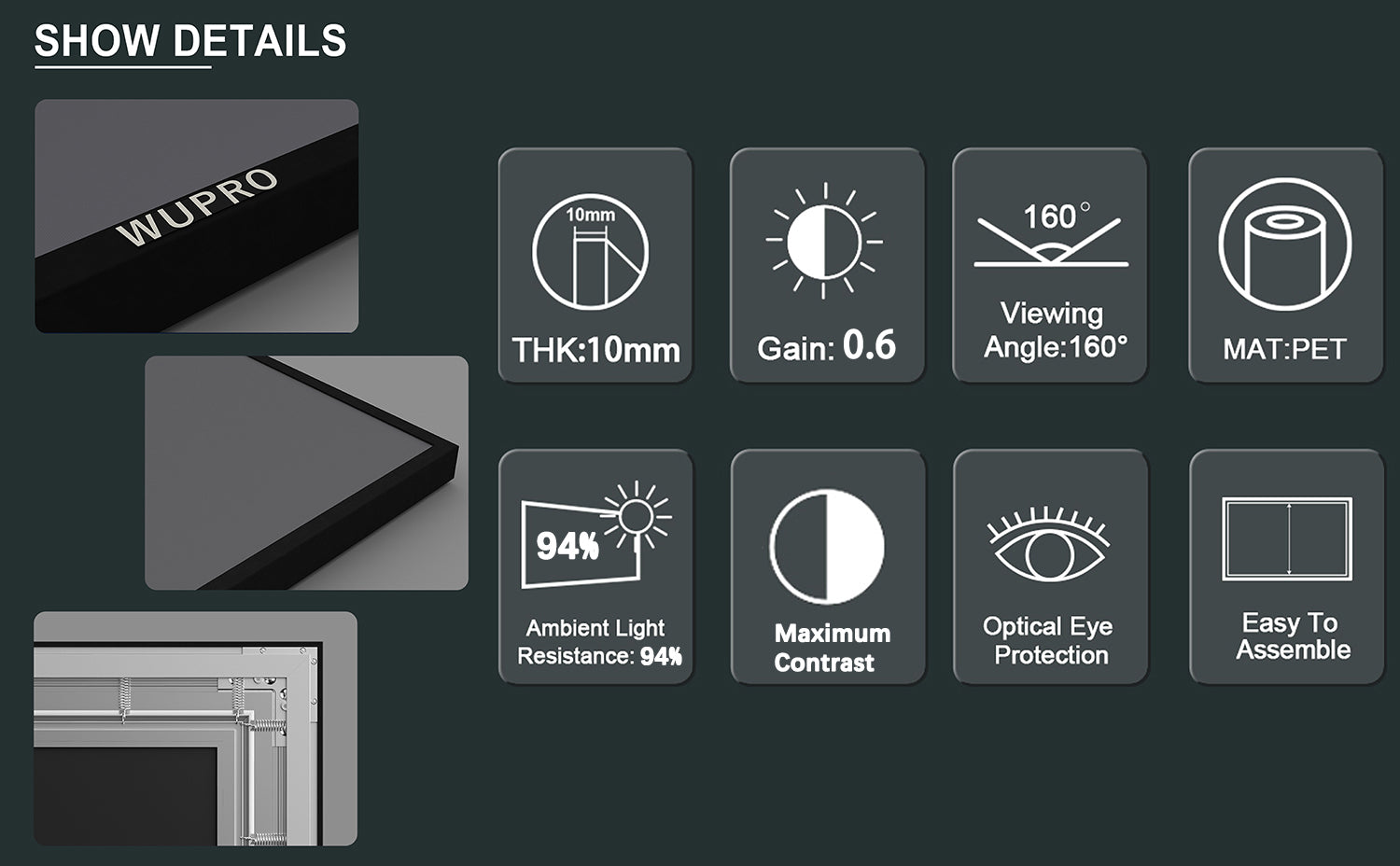 WUPRO Cinema gallery CBSP Ultra contrast fixed frame screen for ust projector Highlights