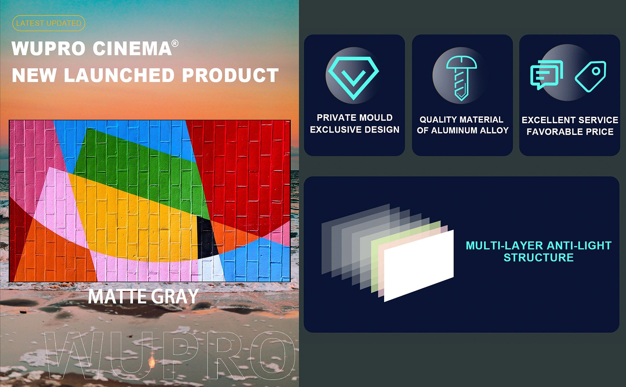 WUPRO Cinema gallery soft gray matte fixed frame screen for UST&short&long throw projector
