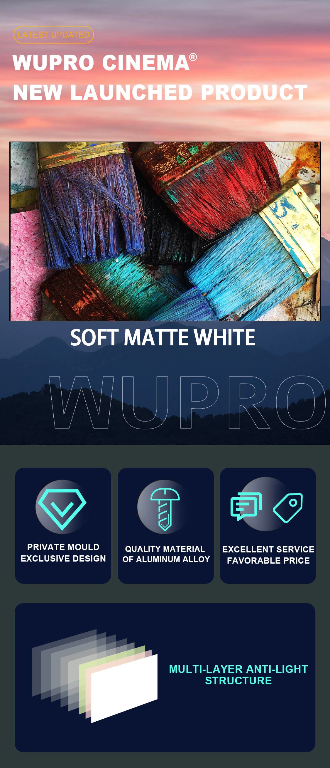 WUPRO Cinema gallery soft white matte fixed frame screen