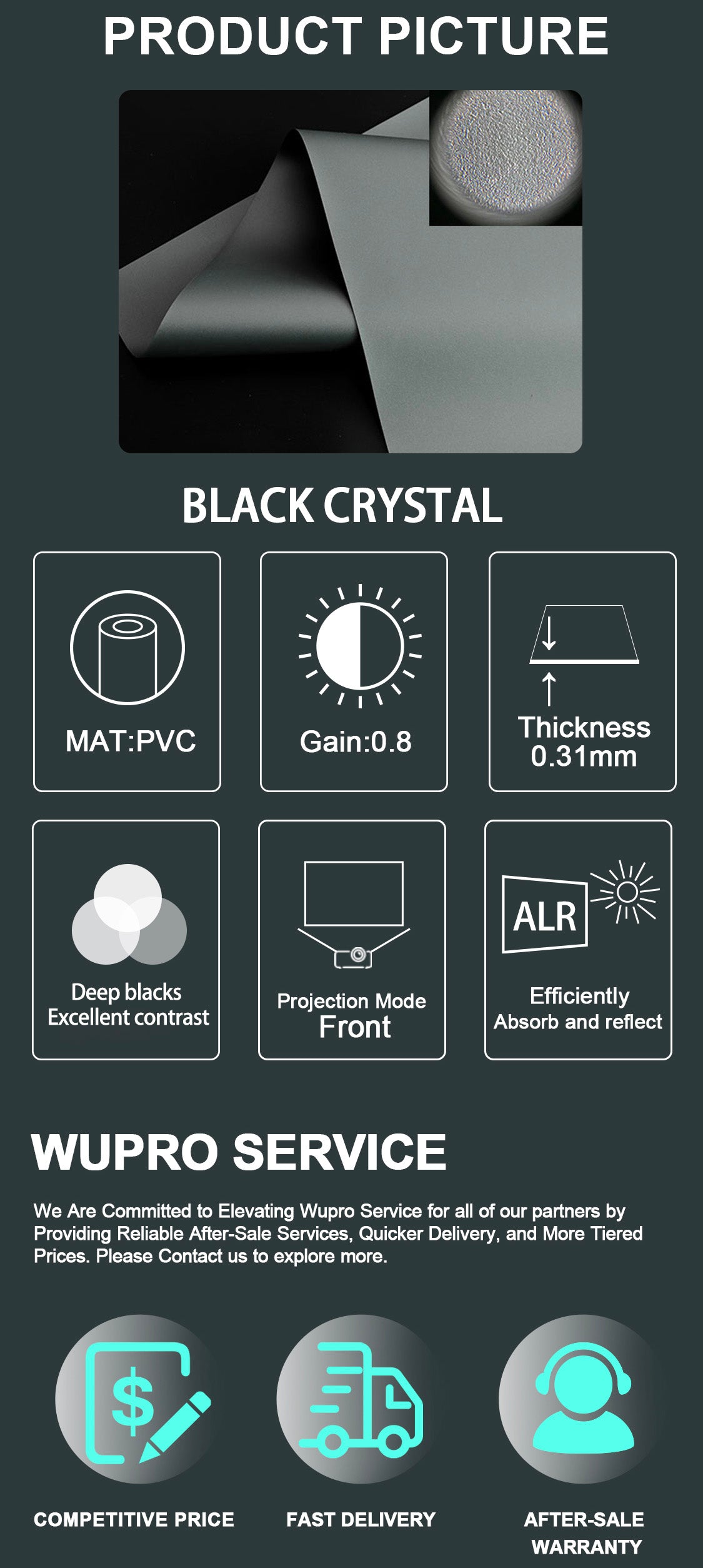 WUPRO Cinema Gallery Black Crystal ALR Fixed Frame Projector Screen – 0.8 Gain, deep black levels, exceptional contrast, and superior ambient light rejection