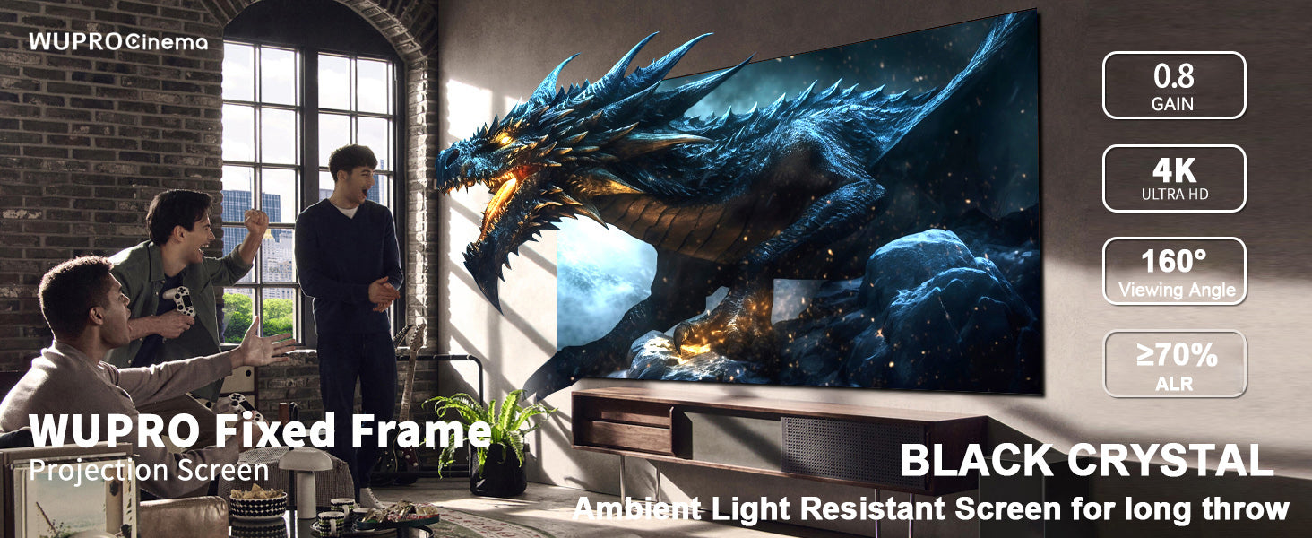 WUPRO Cinema Gallery Black Crystal ALR Fixed Frame Projector Screen – 0.8 Gain, 4K UHD,≥70%