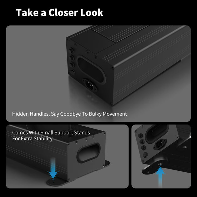 WUPRO Cinema motorized floor rising projector screen with hidden carrying handles and fold-out support feet for easier transport and added stability