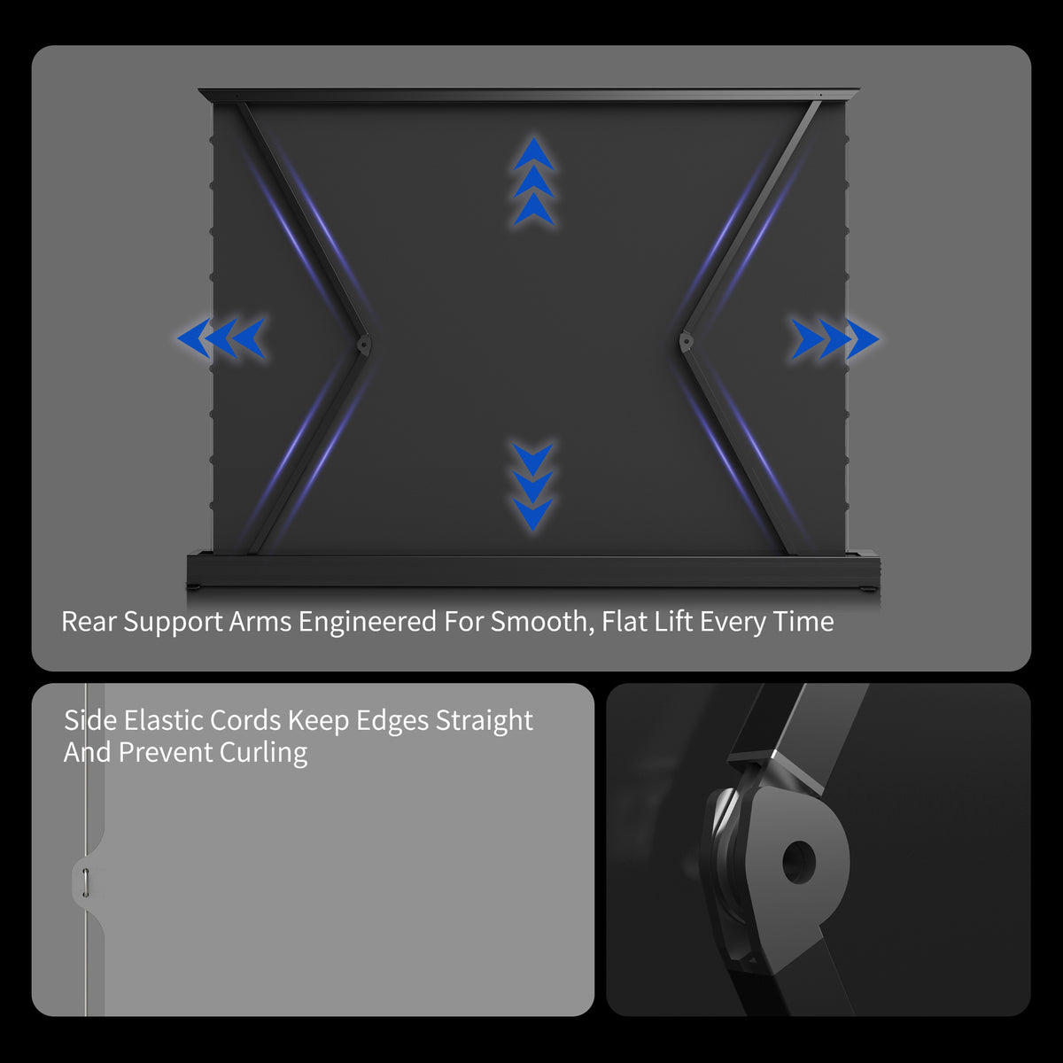 WUPRO Cinema motorized floor rising projector screen with rear support arms and side elastic tension cords for a smooth, flat screen surface