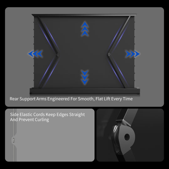 WUPRO Cinema motorized floor rising projector screen with rear support arms and side elastic tension cords for a smooth, flat screen surface