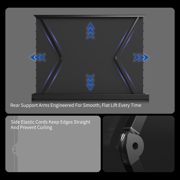 WUPRO Cinema motorized floor rising projector screen with rear support arms and side elastic tension cords for a smooth, flat screen surface