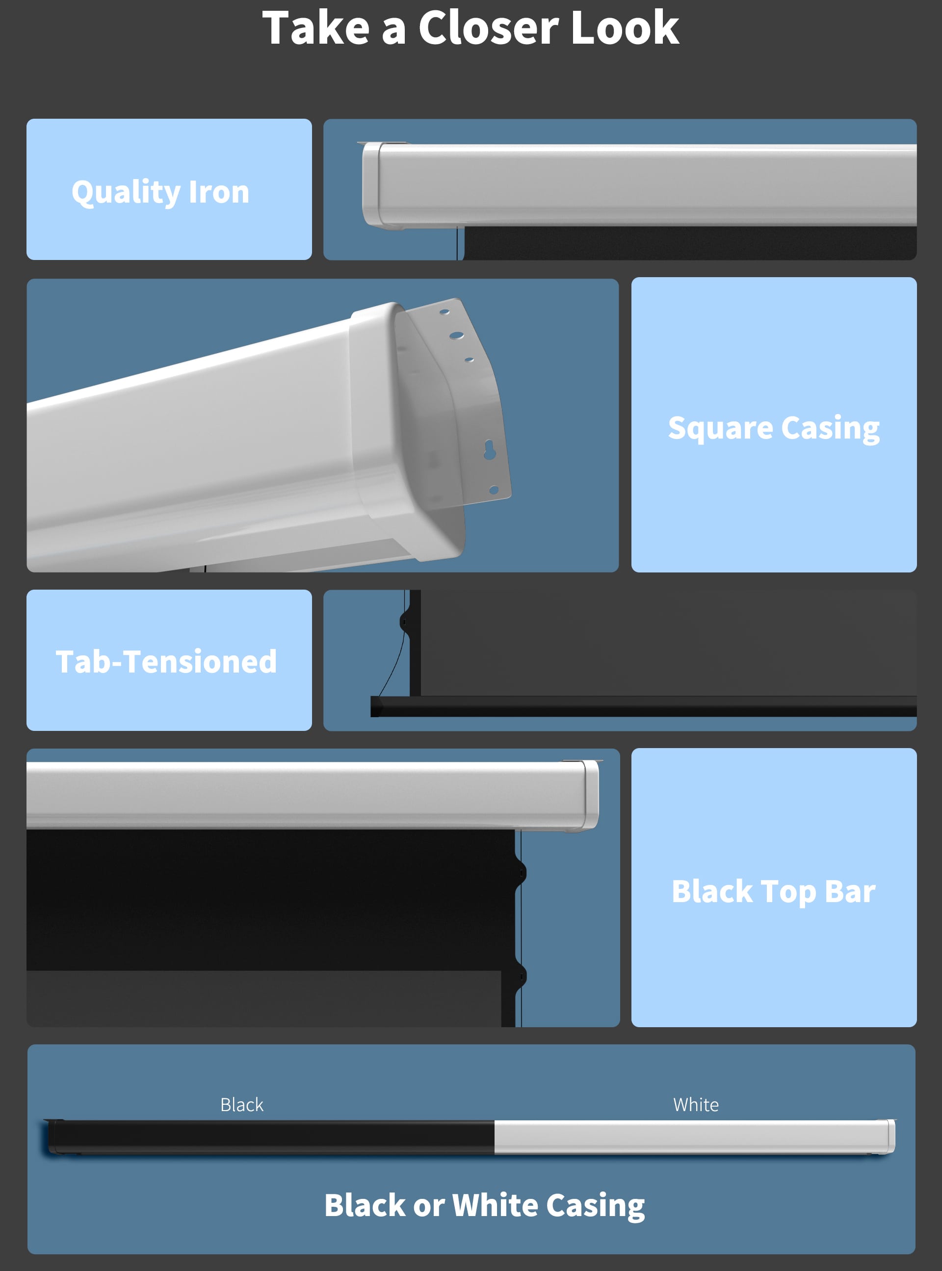 Wupro Cinema QuadraArc Tensioned Smart Motorized Drop Down Projector Screen,White and black casing available