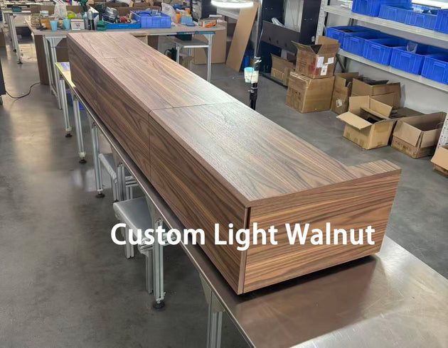 WUPRO DR-580S solid wood smart UST laser TV cabinet in a custom light walnut finish
