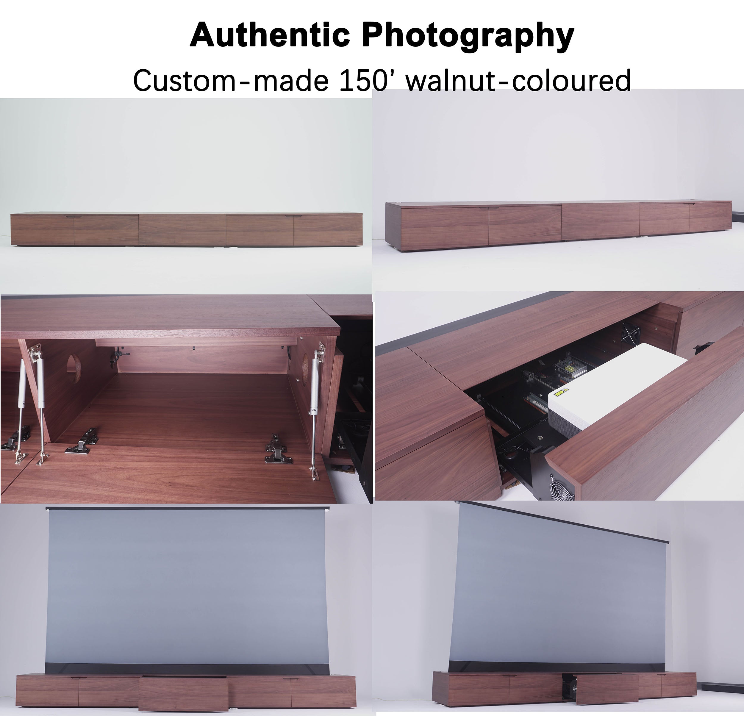 WUPRO BUY DR-580S Solid Wood Smart Laser TV Cabinet Custom 150-Inch Version in Walnut Finish – Real Photos & Detail Showcase