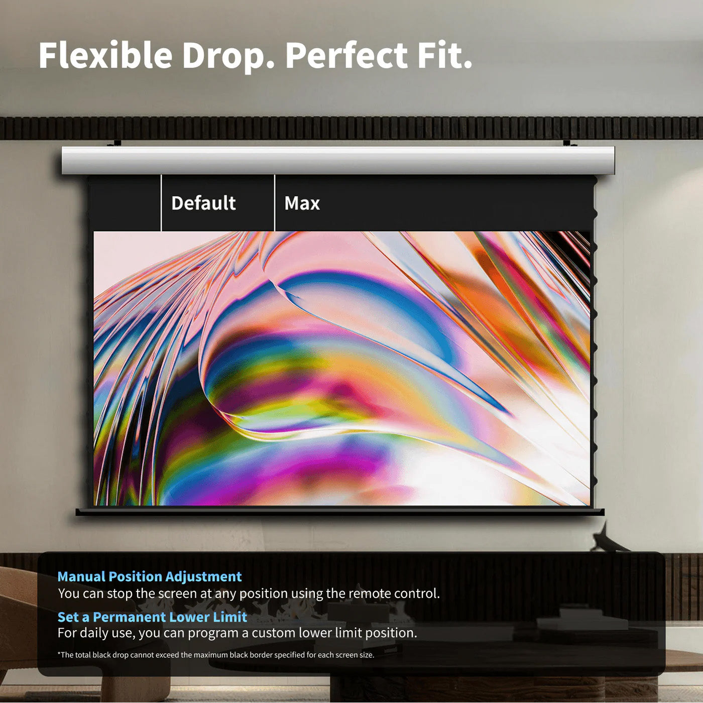 WUPRO FlowArc Luxury Smart Motorized Drop Down Projector Screen – Flexible Drop Position & Adjustable Top Black Border
