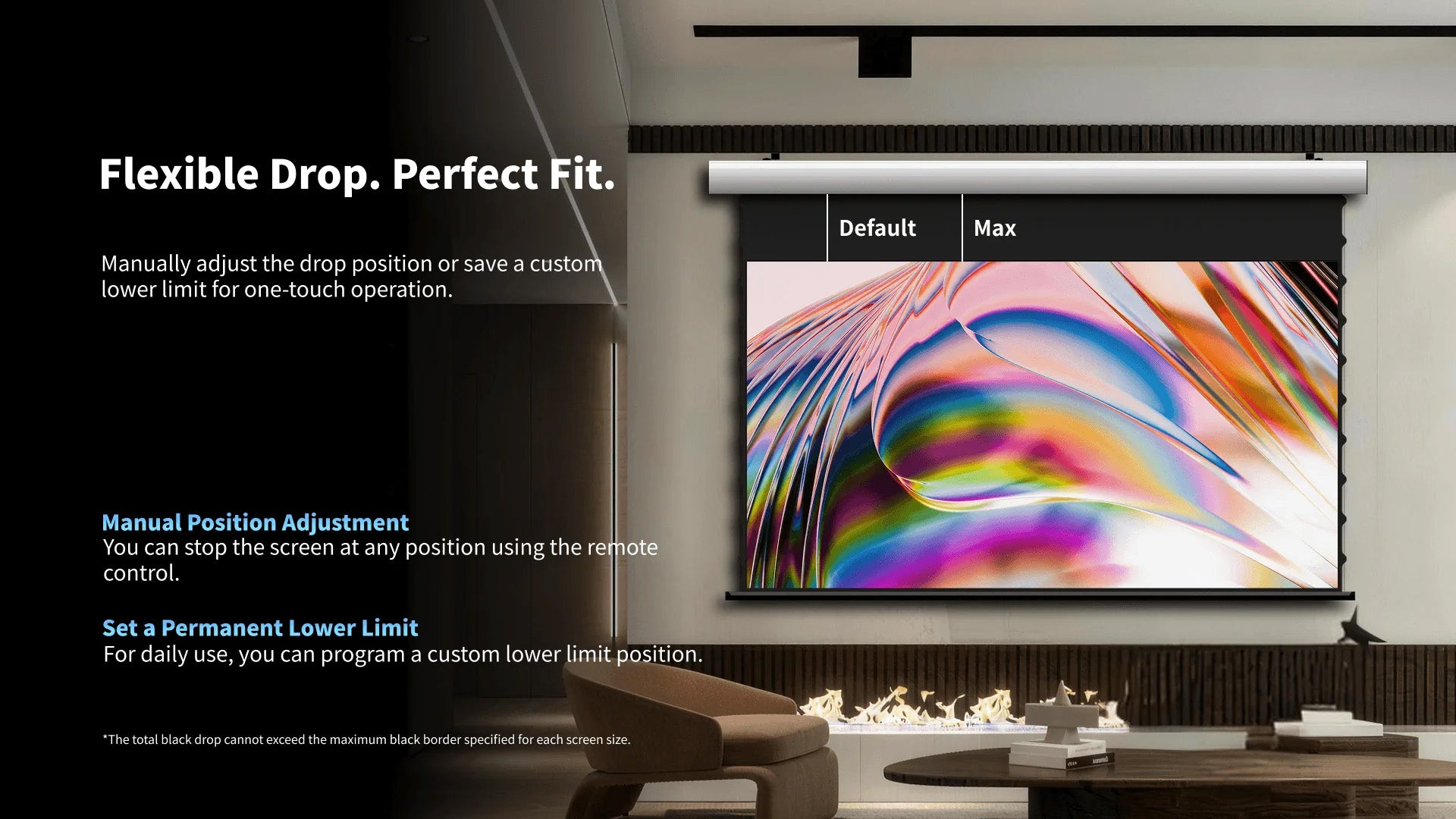 WUPRO FlowArc Luxury Smart Motorized Drop Down Projector Screen – Flexible Drop Position & Adjustable Top Black Border