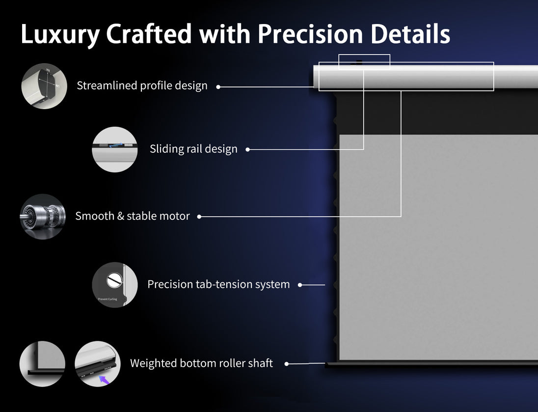 WUPRO FlowArc Smart Drop Down Projector Screen with Streamlined Profile, Sliding Rail Design, Smooth Motor, Precision Tab-Tension System and Weighted Bottom Roller