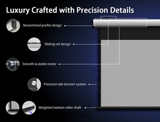 WUPRO FlowArc Smart Drop Down Projector Screen with Streamlined Profile, Sliding Rail Design, Smooth Motor, Precision Tab-Tension System and Weighted Bottom Roller