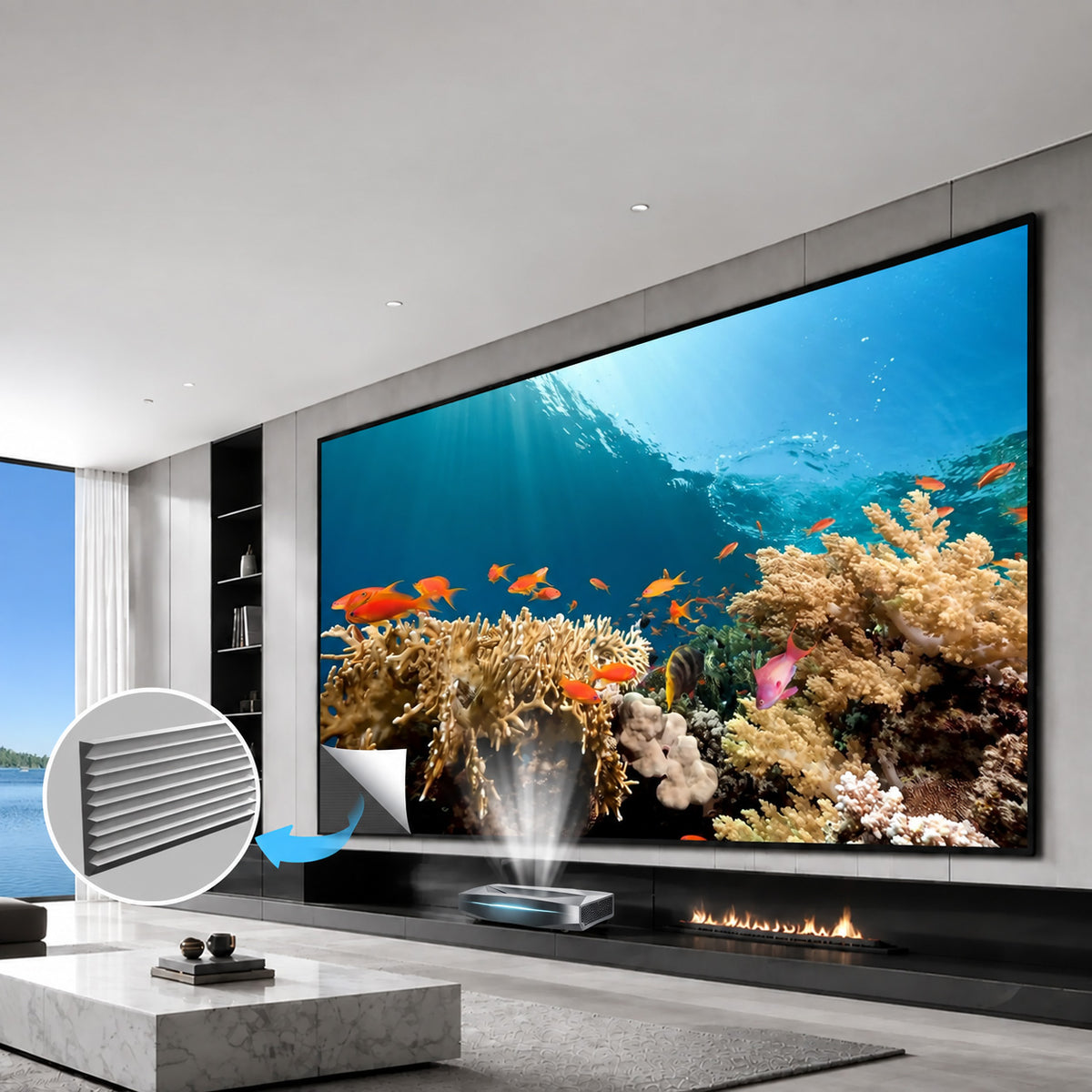 150-inch seamless WUPRO Cinema Gallery Evo Black Grid Lenticular CLR fixed frame screen for UST projectors showing 90% ceiling light rejection in a bright living room