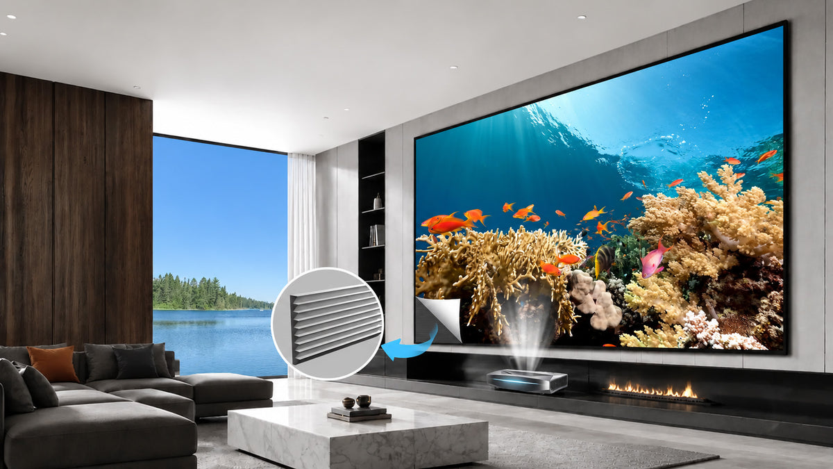 150-inch seamless WUPRO Cinema Gallery Evo Black Grid Lenticular CLR fixed frame screen for UST projectors showing 90% ceiling light rejection in a bright living room