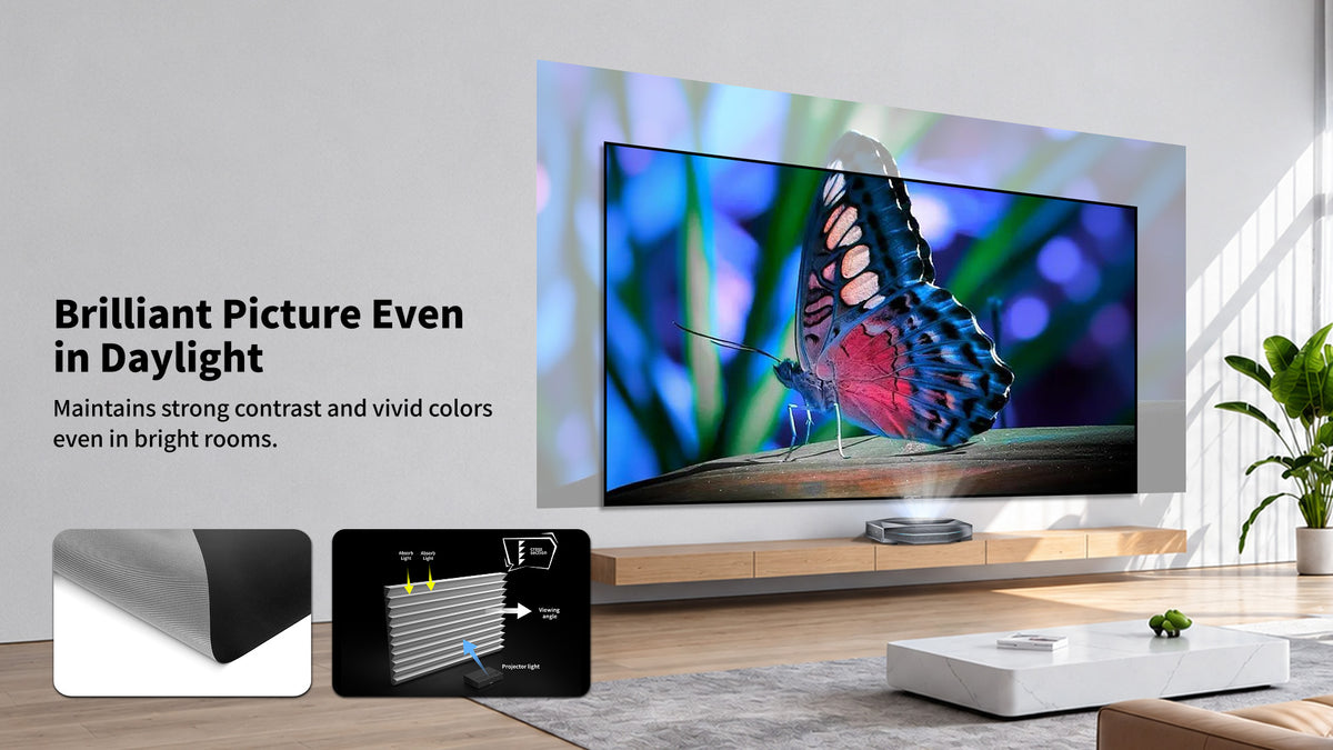 WUPRO Cinema Gallery EVO CBSP CLR fixed frame screen for UST projectors showing strong contrast and vivid colors in a bright room with daylight