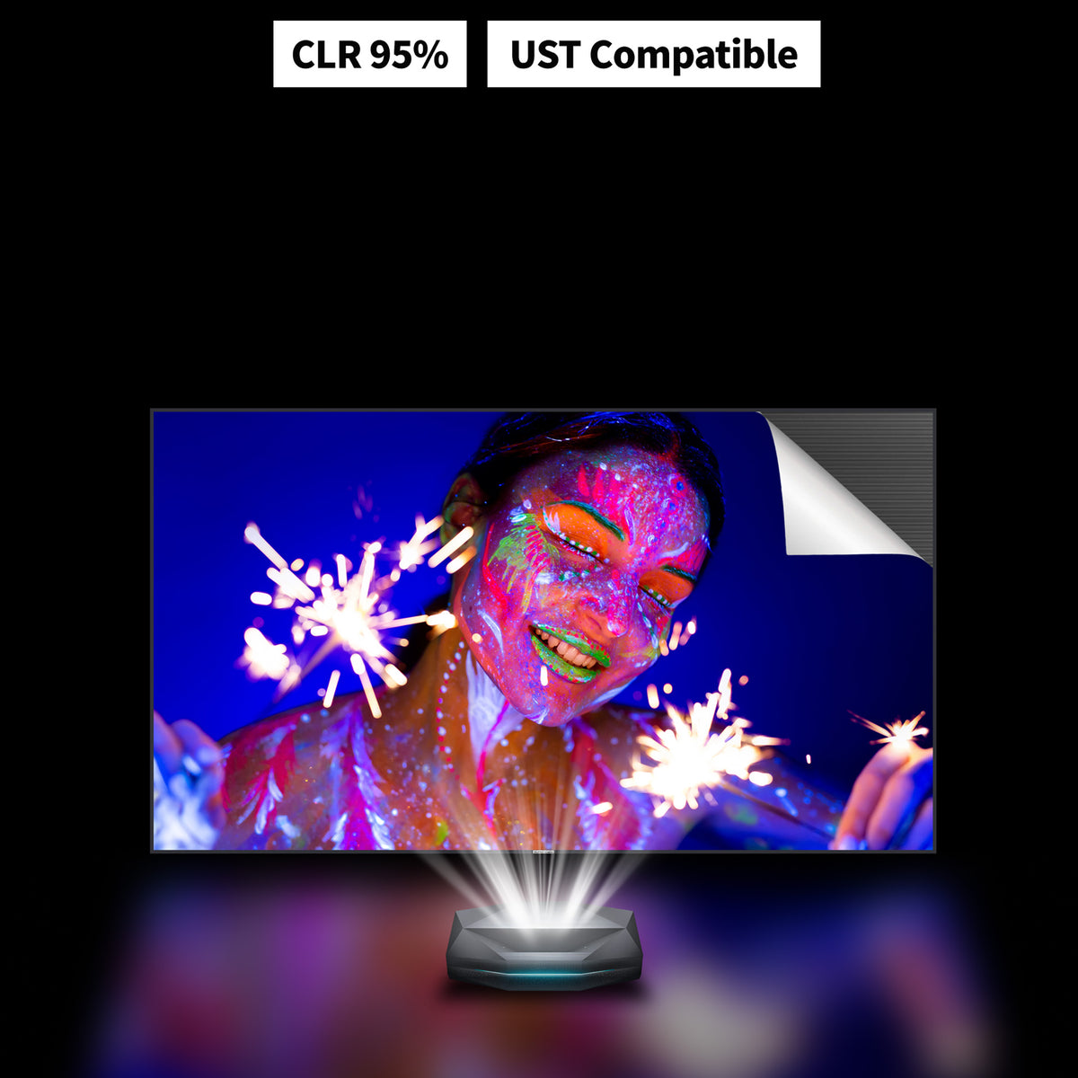 WUPRO Cinema Gallery EVO CBSP CLR fixed frame screen for UST projectors showing 95% ceiling light rejection with a prism lenticular structure