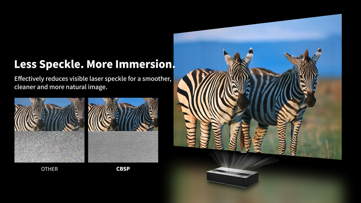 WUPRO Cinema Gallery EVO CBSP CLR fixed frame screen for UST projectors showing reduced visible laser speckle compared with other screen materials