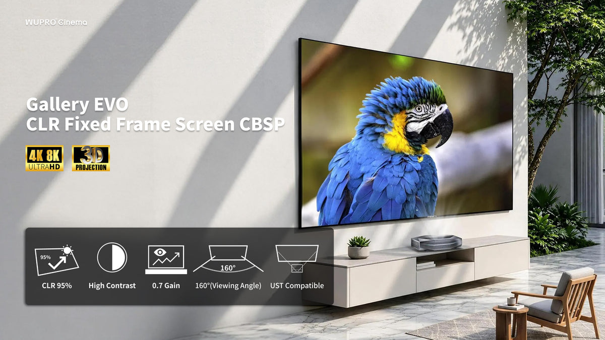 WUPRO Cinema Gallery EVO CBSP CLR fixed frame projector screen for UST projectors with 95% CLR, 0.7 gain and 160° viewing angle