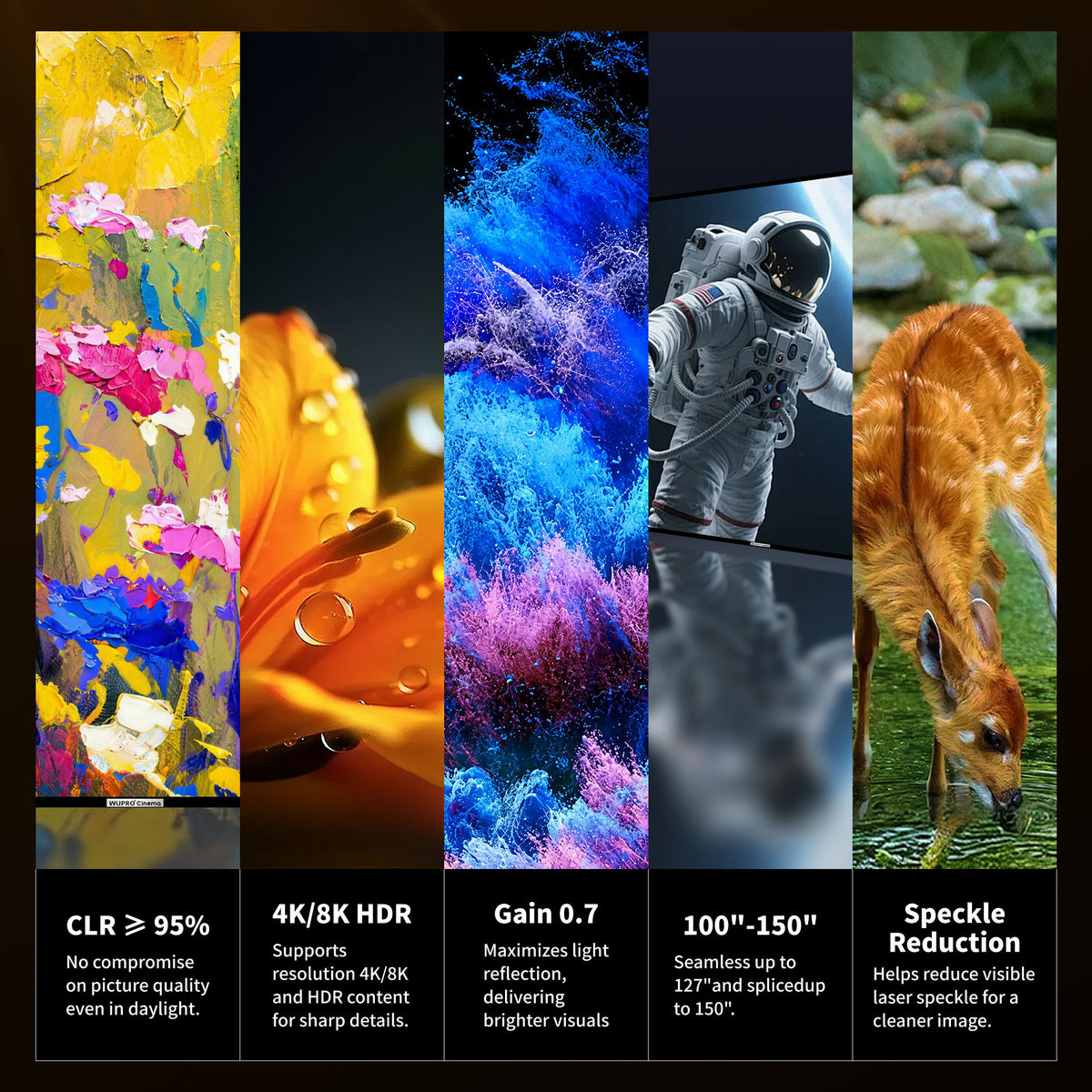 WUPRO Cinema Gallery EVO CBSP CLR fixed frame UST projector screen highlights with ≥95% CLR, 0.7 gain, 4K/8K HDR support, 100–150 inch sizes and laser speckle reduction