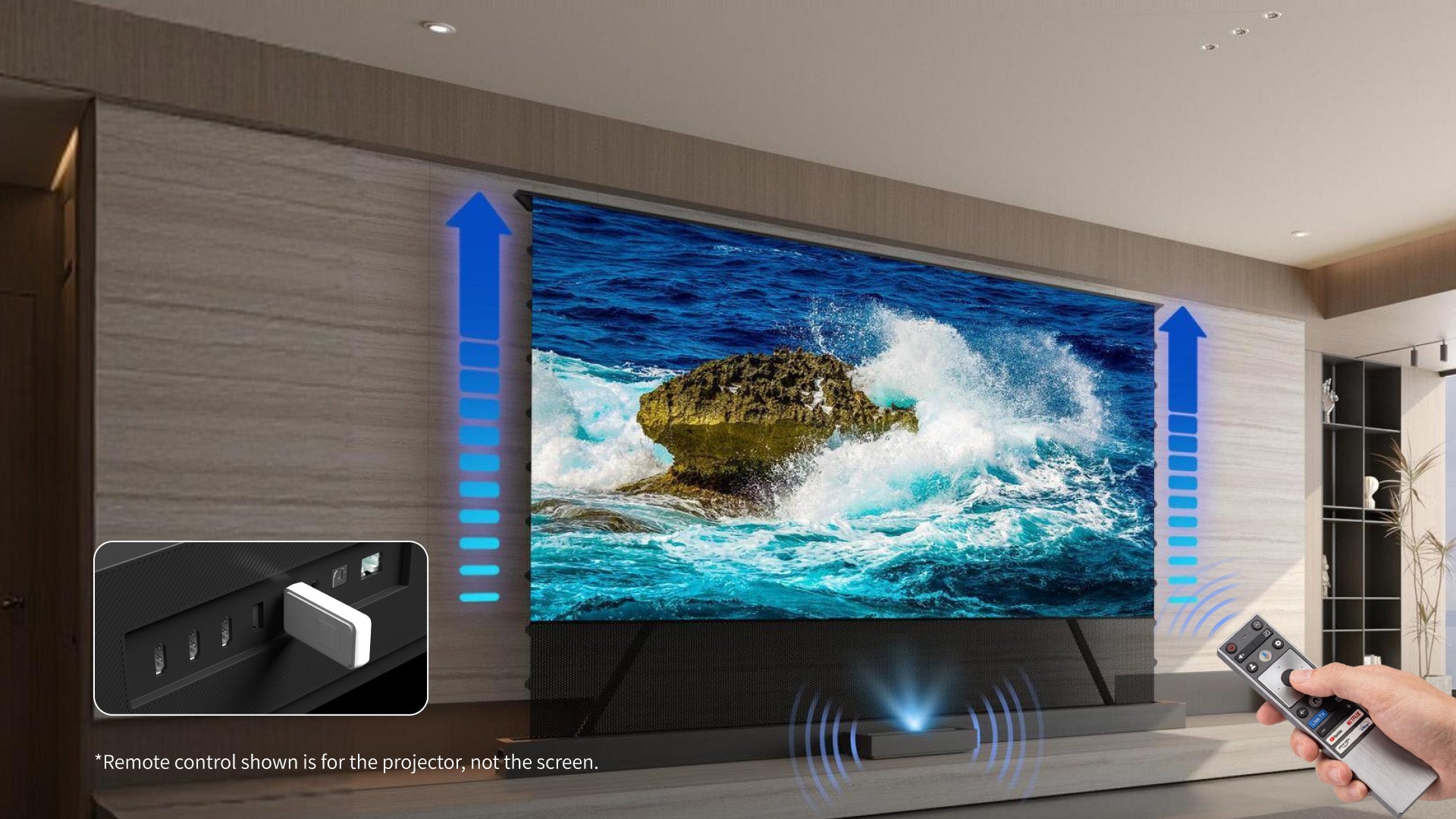 WUPRO LeApex CBSP CLR UST floor rising projector screen in bright living room, perfect daytime viewing effect with ceiling light rejecting optical structure