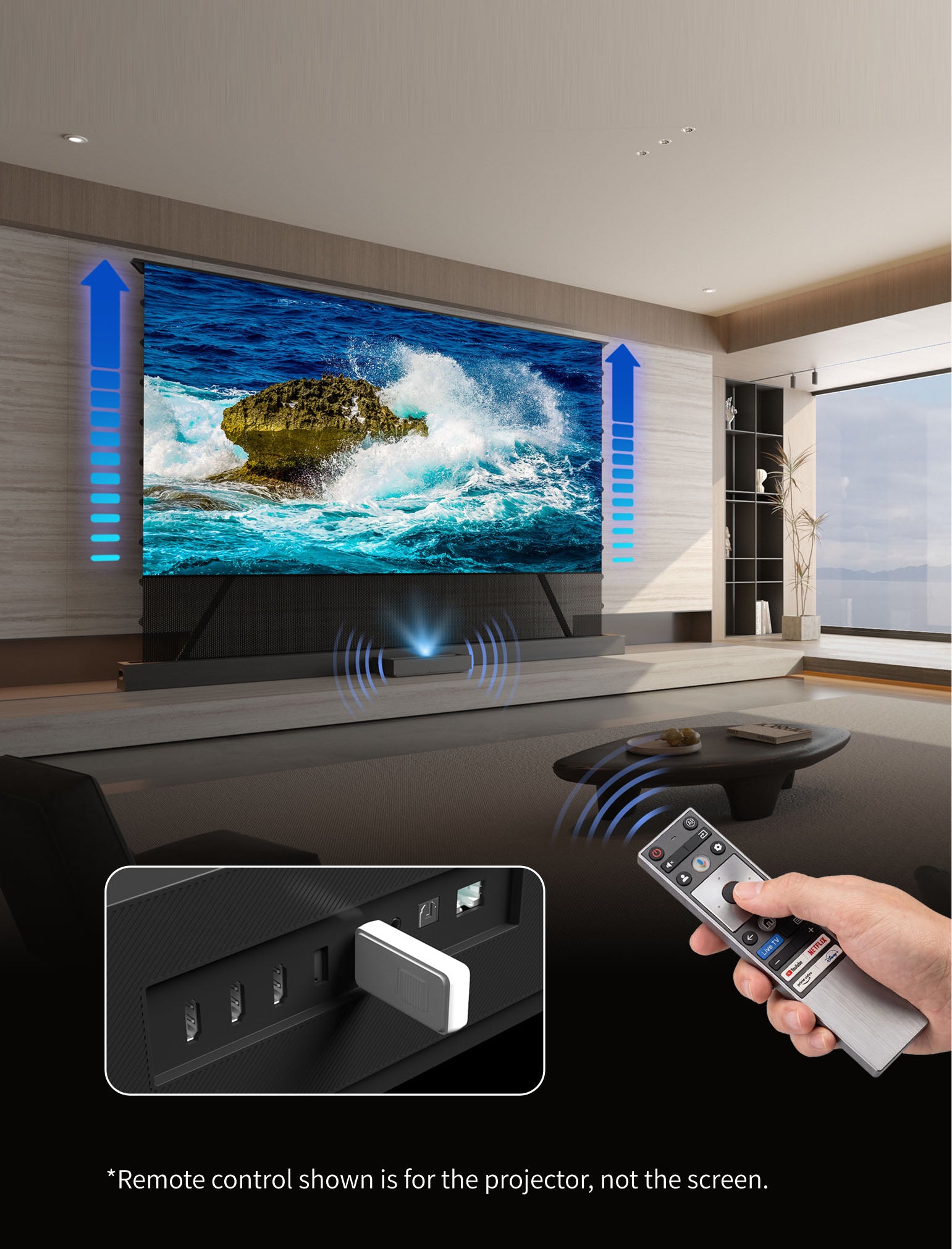 WUPRO LeApex CBSP CLR UST floor rising projector screen in bright living room, perfect daytime viewing effect with ceiling light rejecting optical structure