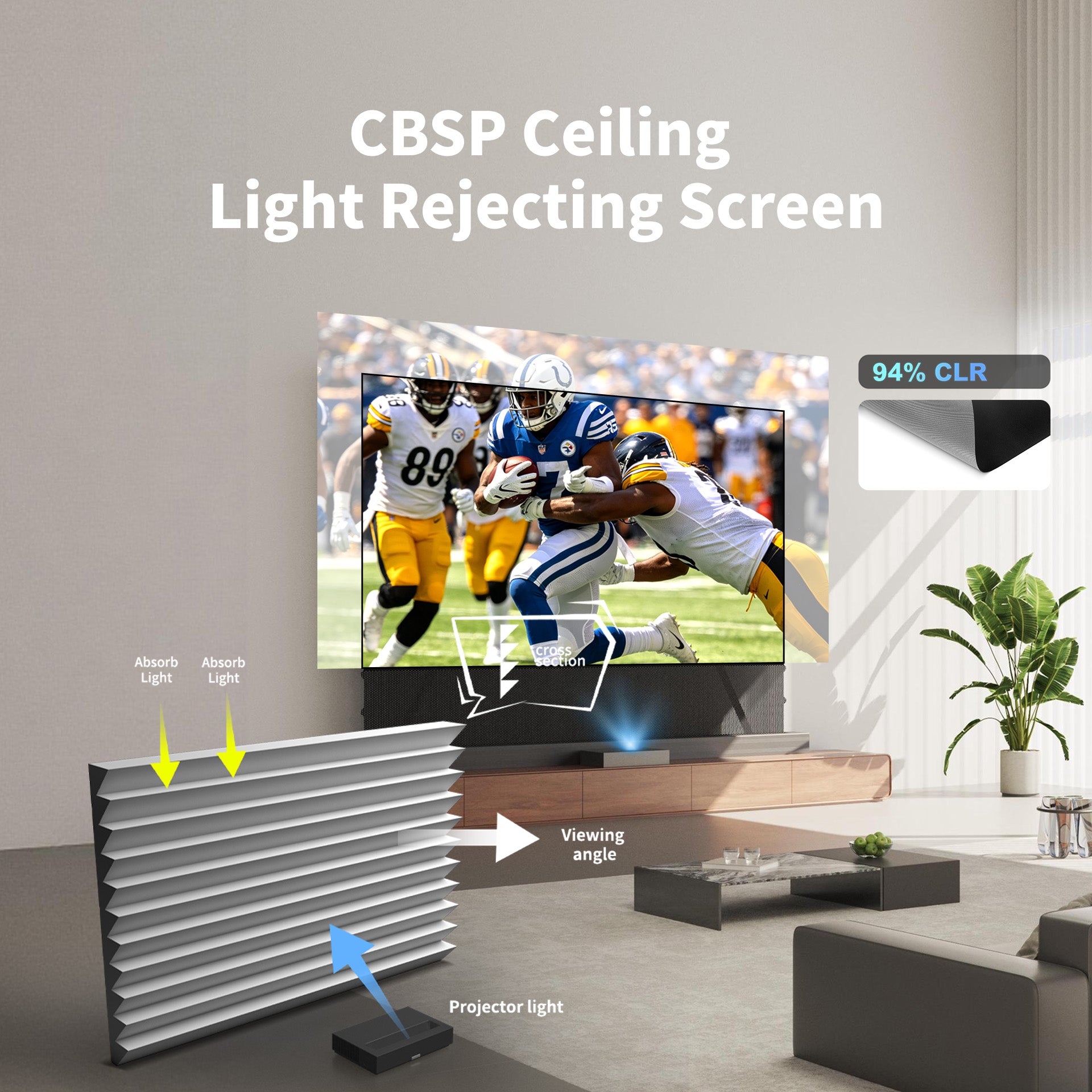 WUPRO LeApex CBSP ceiling light rejecting floor rising screen in bright living room, perfect daytime viewing effect with ultra short throw projector