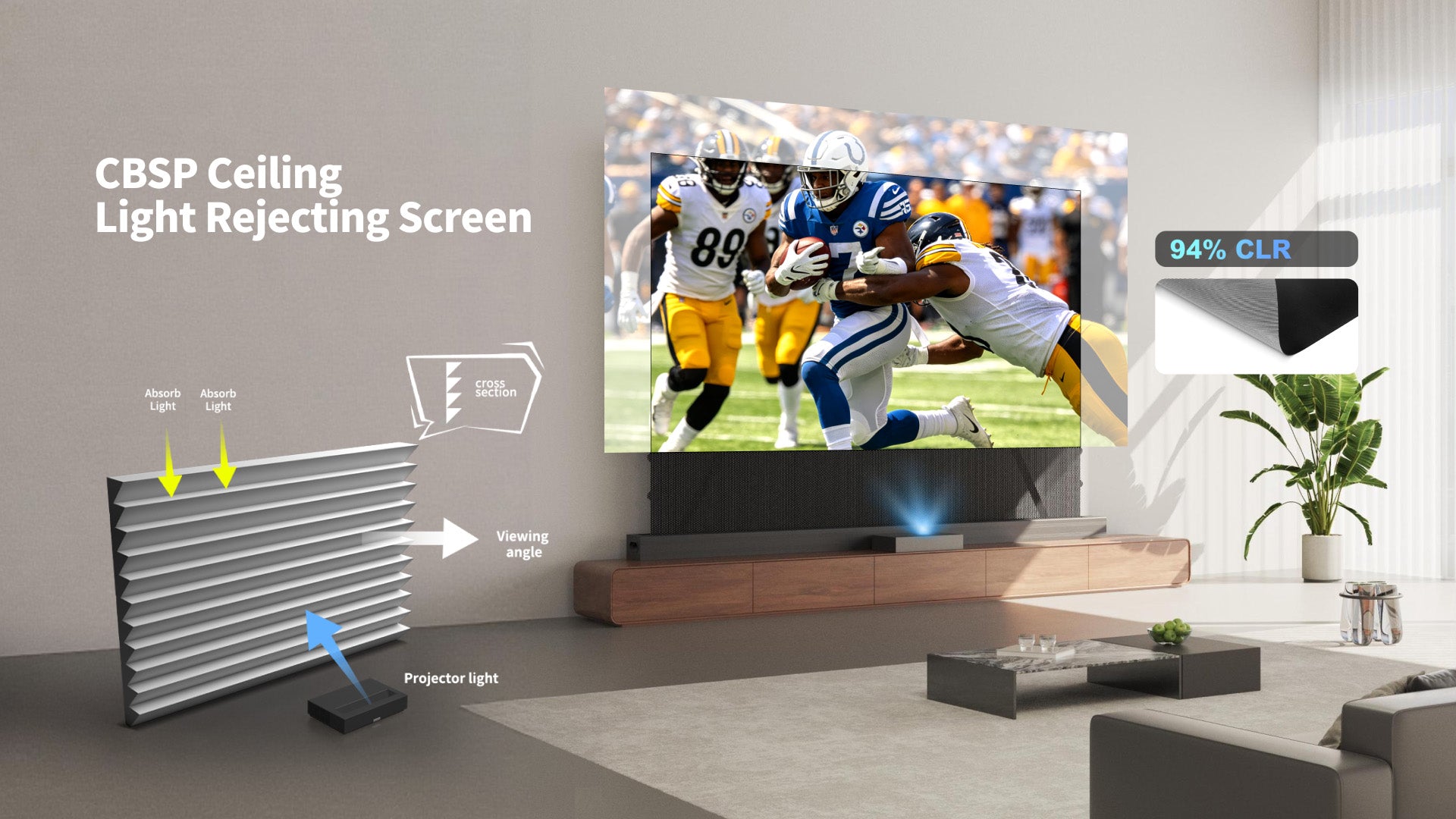 WUPRO LeApex CBSP ceiling light rejecting floor rising screen in bright living room, perfect daytime viewing effect with ultra short throw projector