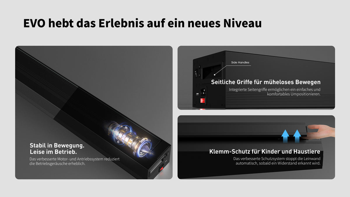 WUPRO LeApex EVO motorisierte Bodenleinwand mit leisem Motor, seitlichen Griffen und Einklemmschutz