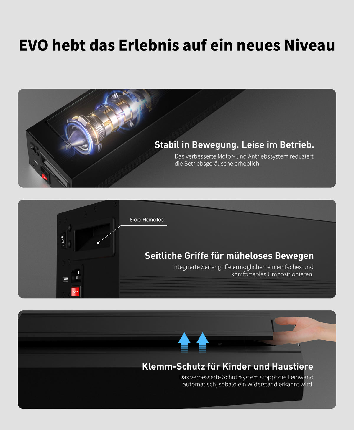 WUPRO LeApex EVO motorisierte Bodenleinwand mit leisem Motor, seitlichen Griffen und Einklemmschutz