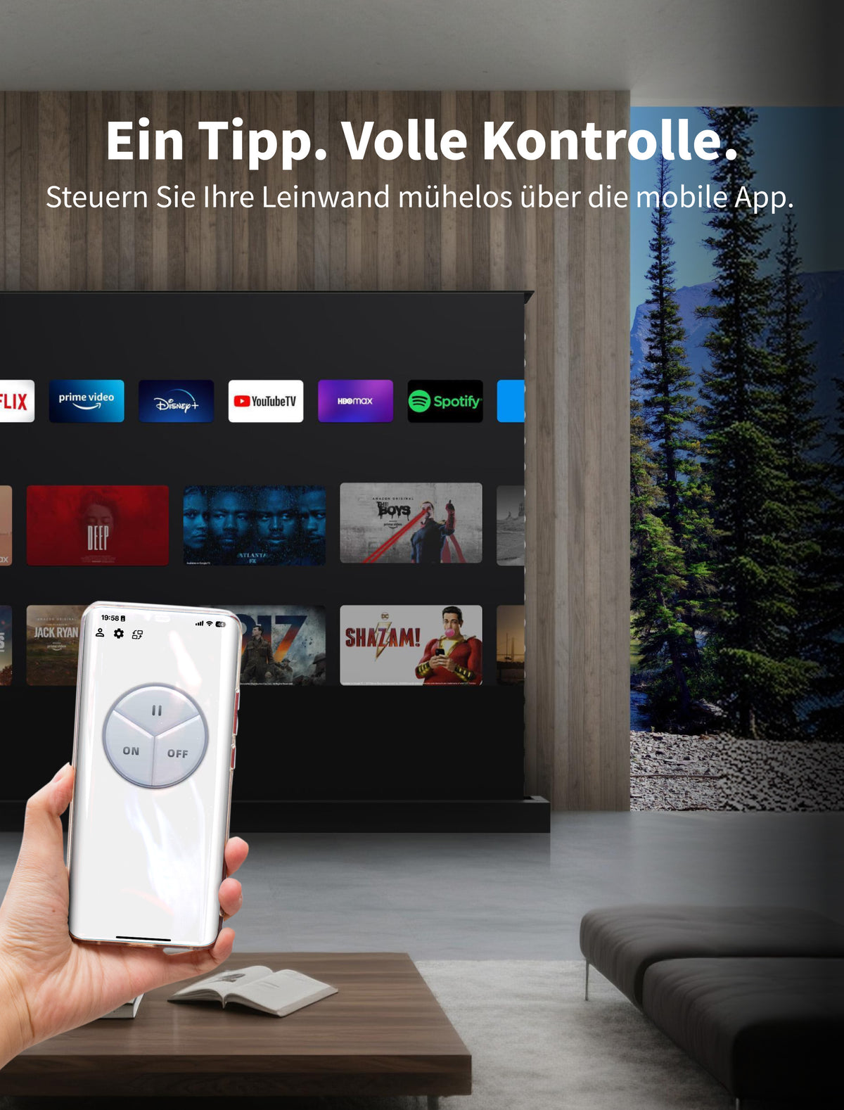 WUPRO LeApex EVO motorisierte UST-ALR-Bodenleinwand mit App-Steuerung in einem modernen Wohnzimmer