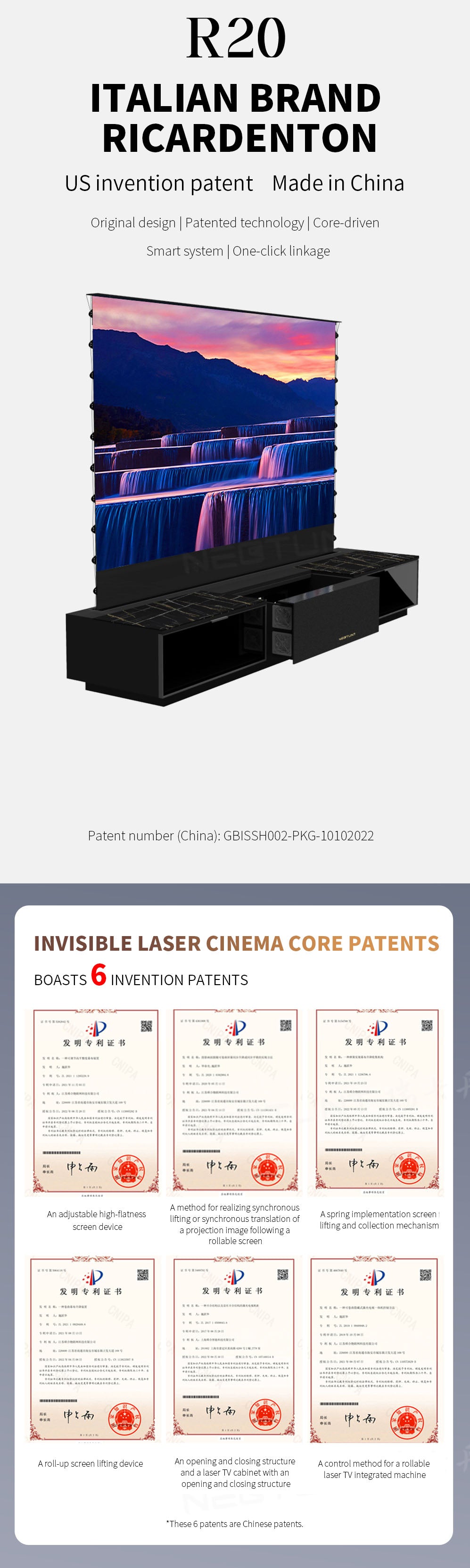 WUPRO X NECTUNT R20 INVISIBLE CINEMA Luxury Laser TV Cabinet holds 6 patents