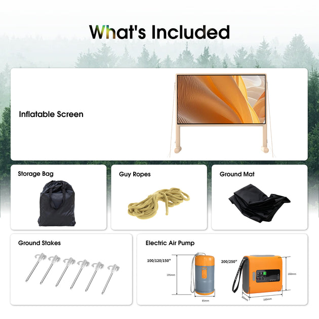 WUPRO AirGO Outdoor Portable Inflatable Projector Screen package contents: inflatable screen, storage bag, guy ropes, ground mat, ground pegs, and electric air pump