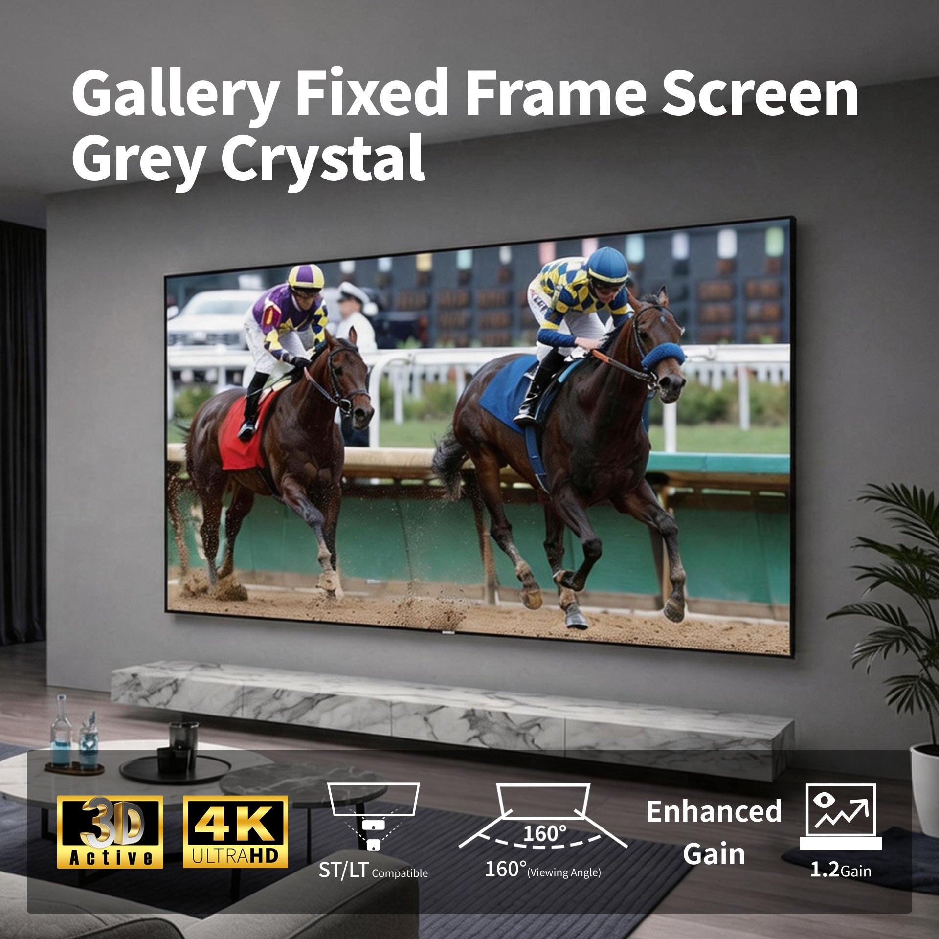 WUPRO Gallery Grey Crystal Fixed Frame ALR Projector Screen, 1.2 Gain Grey Screen Material, 3D Ready, 160° Viewing Angle, High Contrast Home Theater Projection Screen