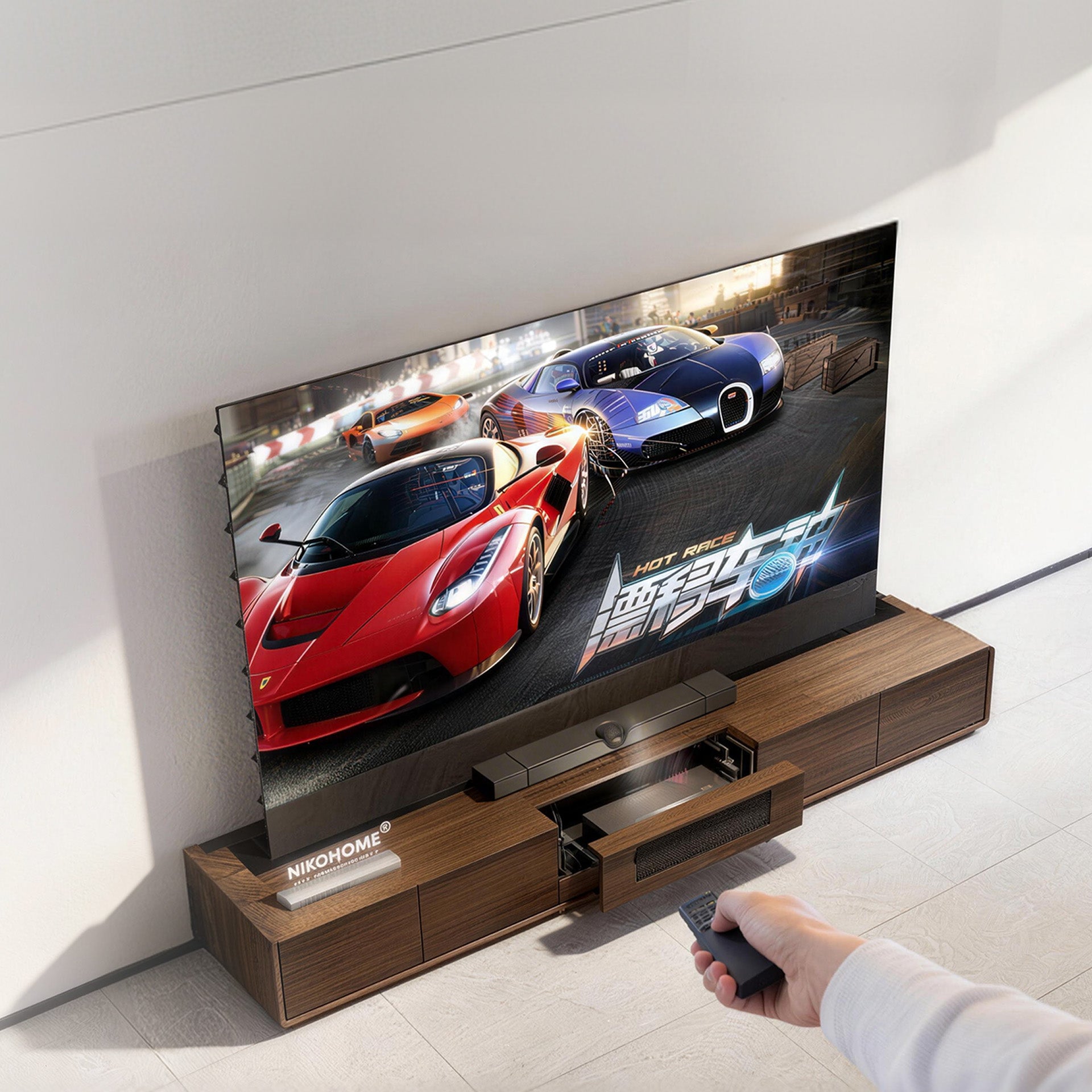 WUPRO × NIKOHOME Phantom5 Masterpiece Series walnut solid wood smart laser TV cabinet with remote control and synchronized UST projector operation