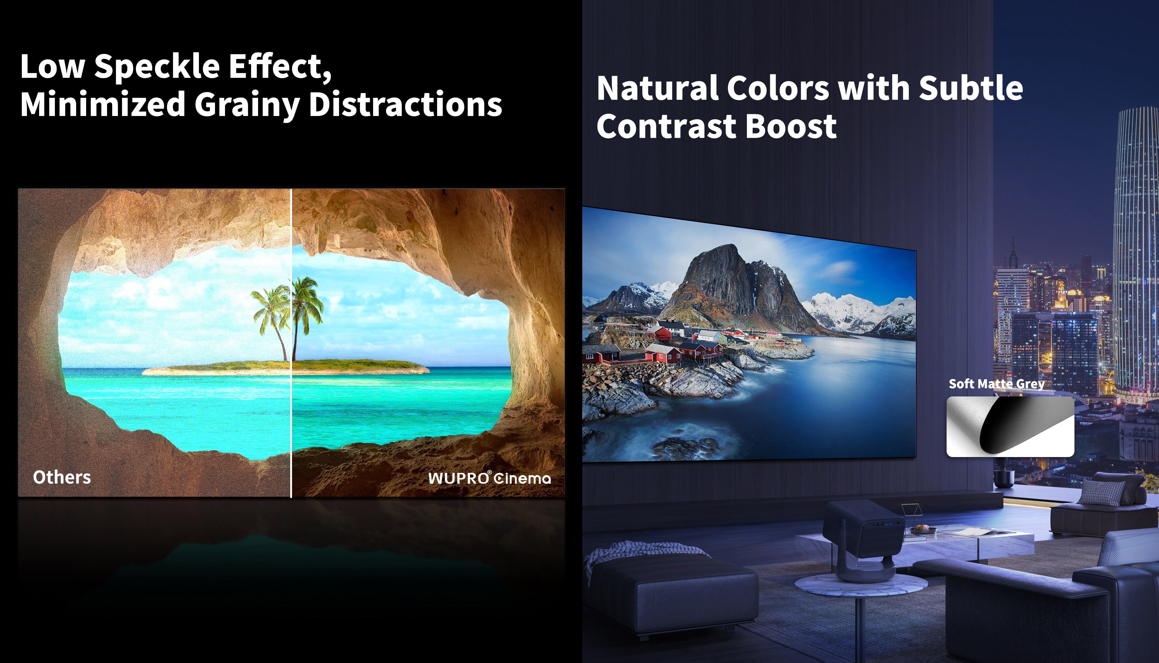 WUPROBuy Gallery Soft Gray Matte Anti-Speckle Fixed Frame Projector Screen, low-speckle performance with minimized grainy distractions; natural colors with a subtle contrast boost.