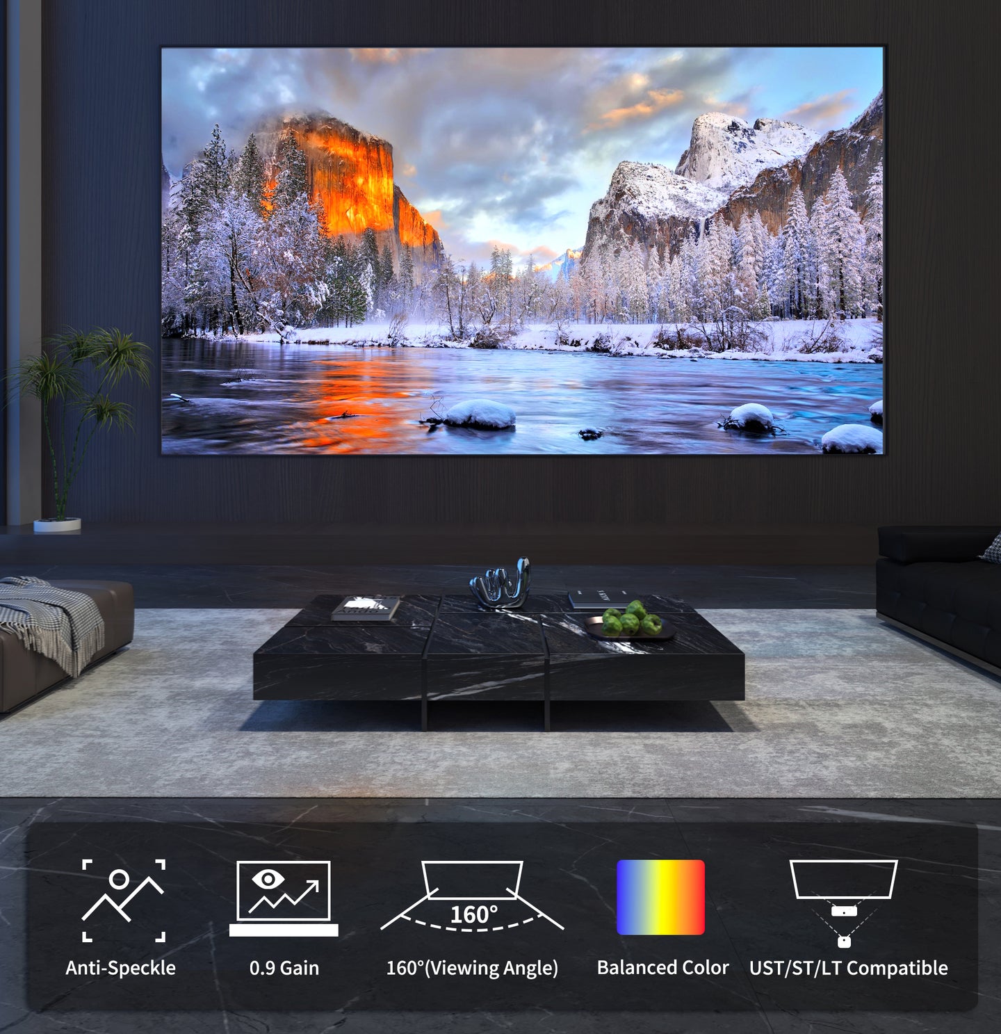 WUPROBuy Gallery Soft Gray Matte Anti-Speckle Fixed Frame Projector Screen, compatible with all projector types, featuring 0.9 gain, balanced colors, and clear image quality.