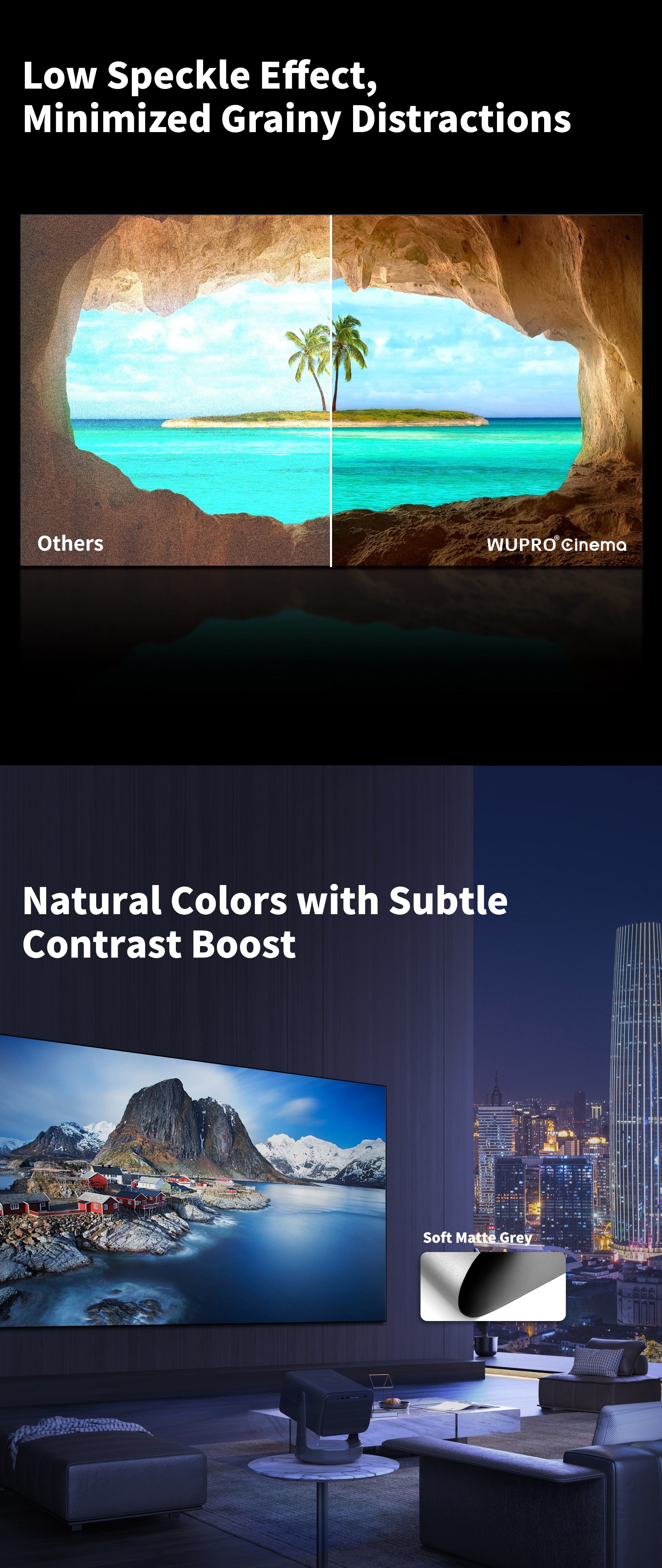 WUPROBuy Gallery Soft Gray Matte Anti-Speckle Fixed Frame Projector Screen, low-speckle performance with minimized grainy distractions; natural colors with a subtle contrast boost.