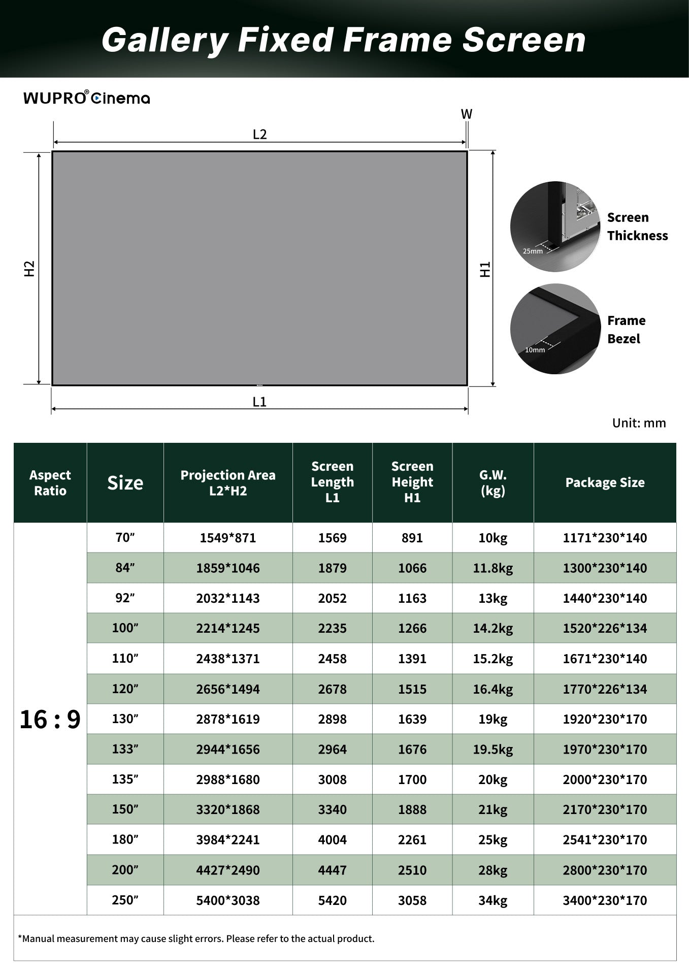 WUPROBuy Gallery Soft Grey Matte Anti-Speckle Fixed Frame Projector Screen Specifications and Dimensions