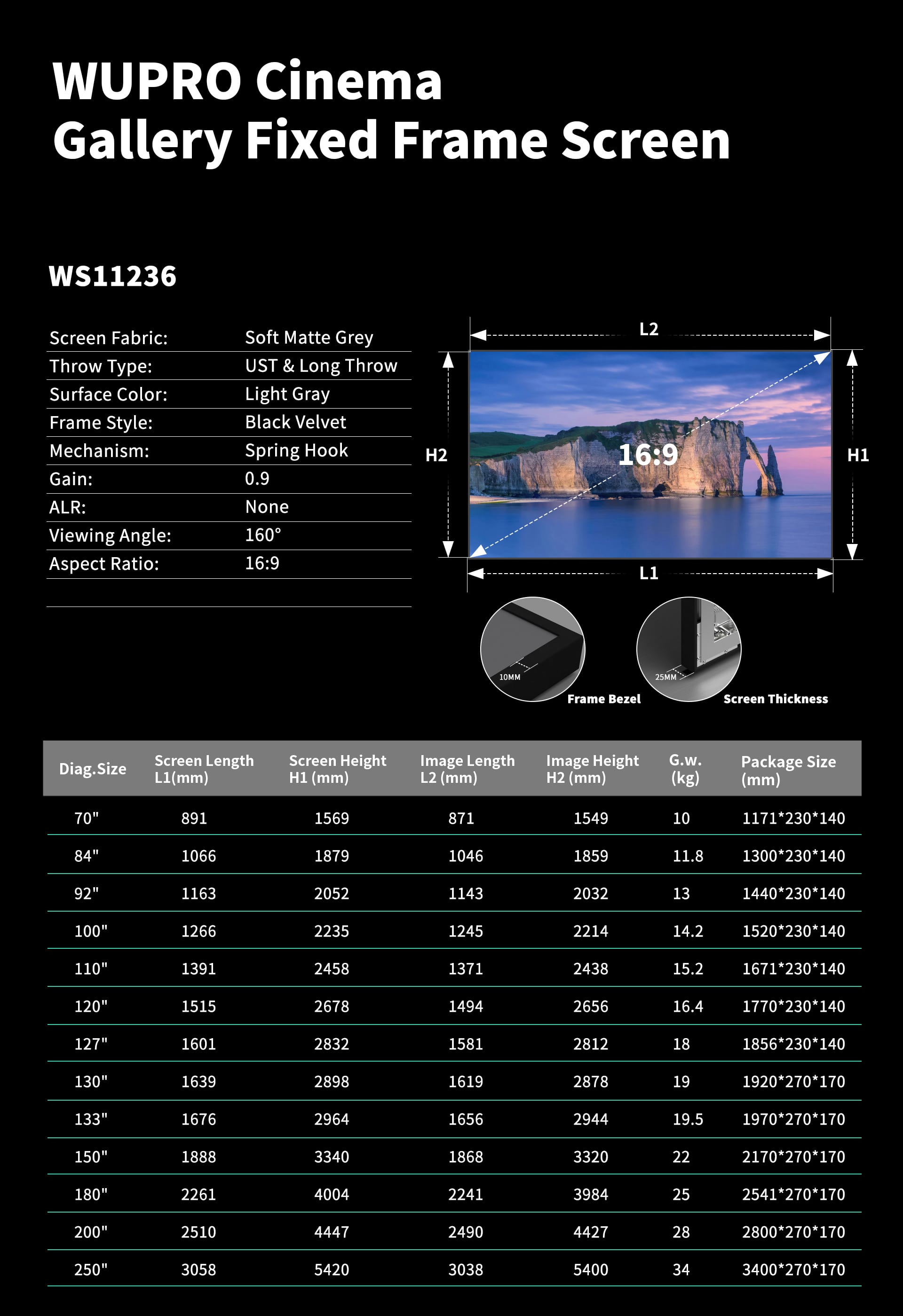 WUPROBuy Gallery Soft Grey Matte Anti-Speckle Fixed Frame Projector Screen Specifications and Dimensions