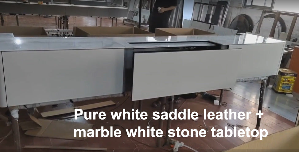WUPRO Cinema Saddle Leather Laser TV Cabinet Customisation Case: Pure White Saddle Leather + Marble White Worktop Slab