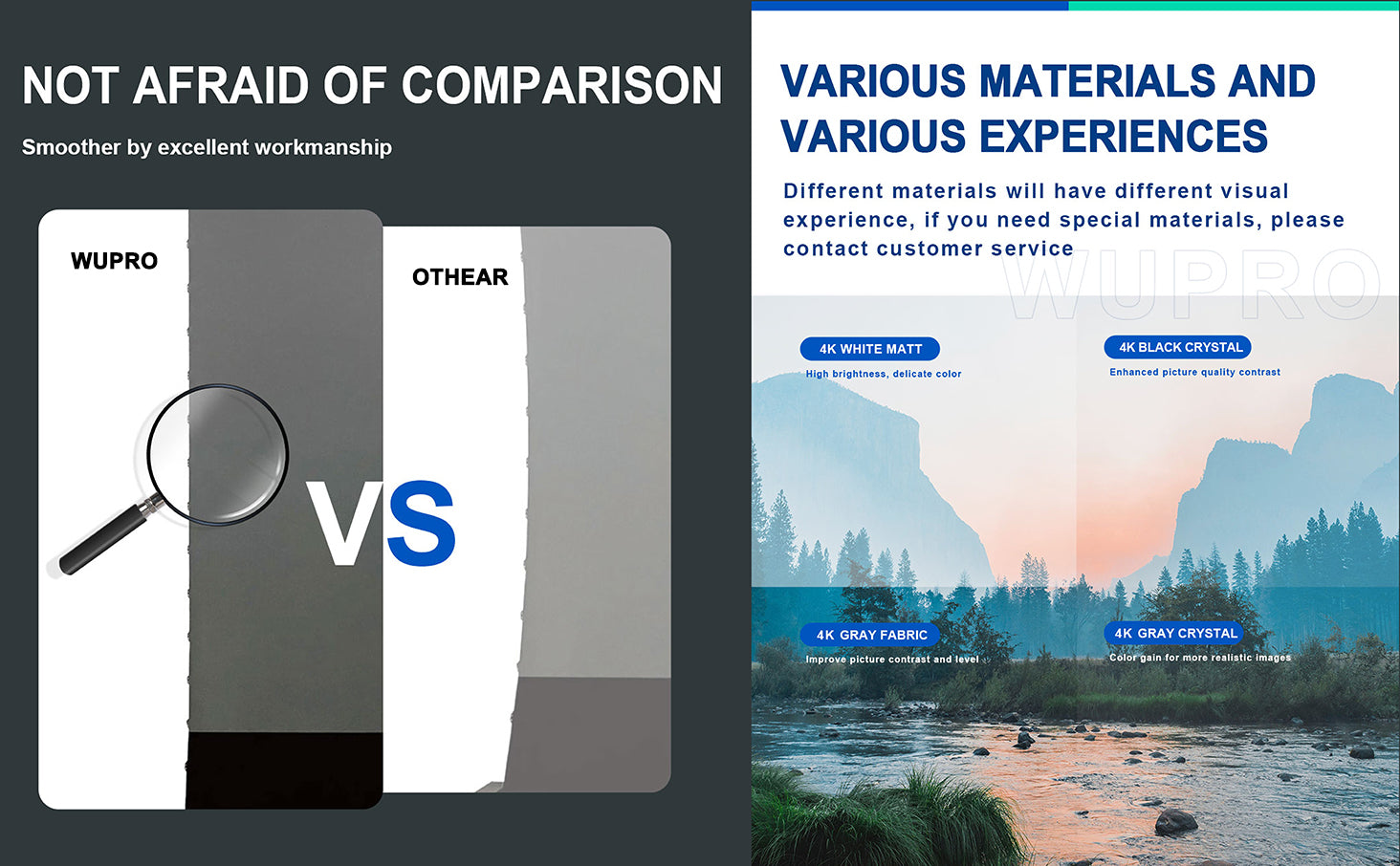 NOT AFRAID OF COMPARISON :Smoother by excellent workmanship;Different materials will have different visual,4K WHITE MATT:High brightness, delicate color;4K BLACK CRYSTAL:Enhanced picture quality contrast;4K GRAY FABRIC:Improve picture contrast and level;4K GRAY CRYSTAL:Color gain for more realistic images
