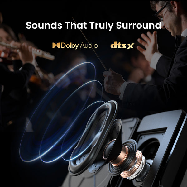 Multi-dimensional audio with 2x12W speakers, Dolby Audio, and DTS:X